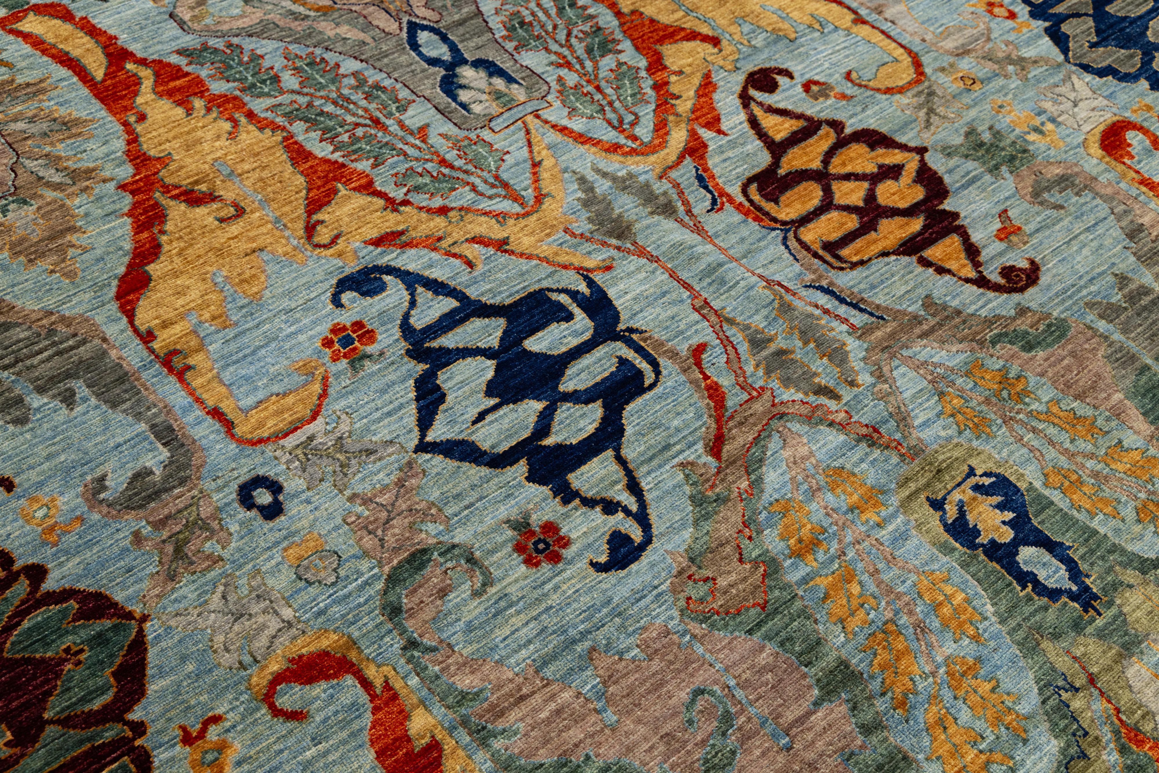 9 x 12 Tapis moderne en laine de style Bidjar noué à la main en bleu avec des motifs mythiques en vente 1