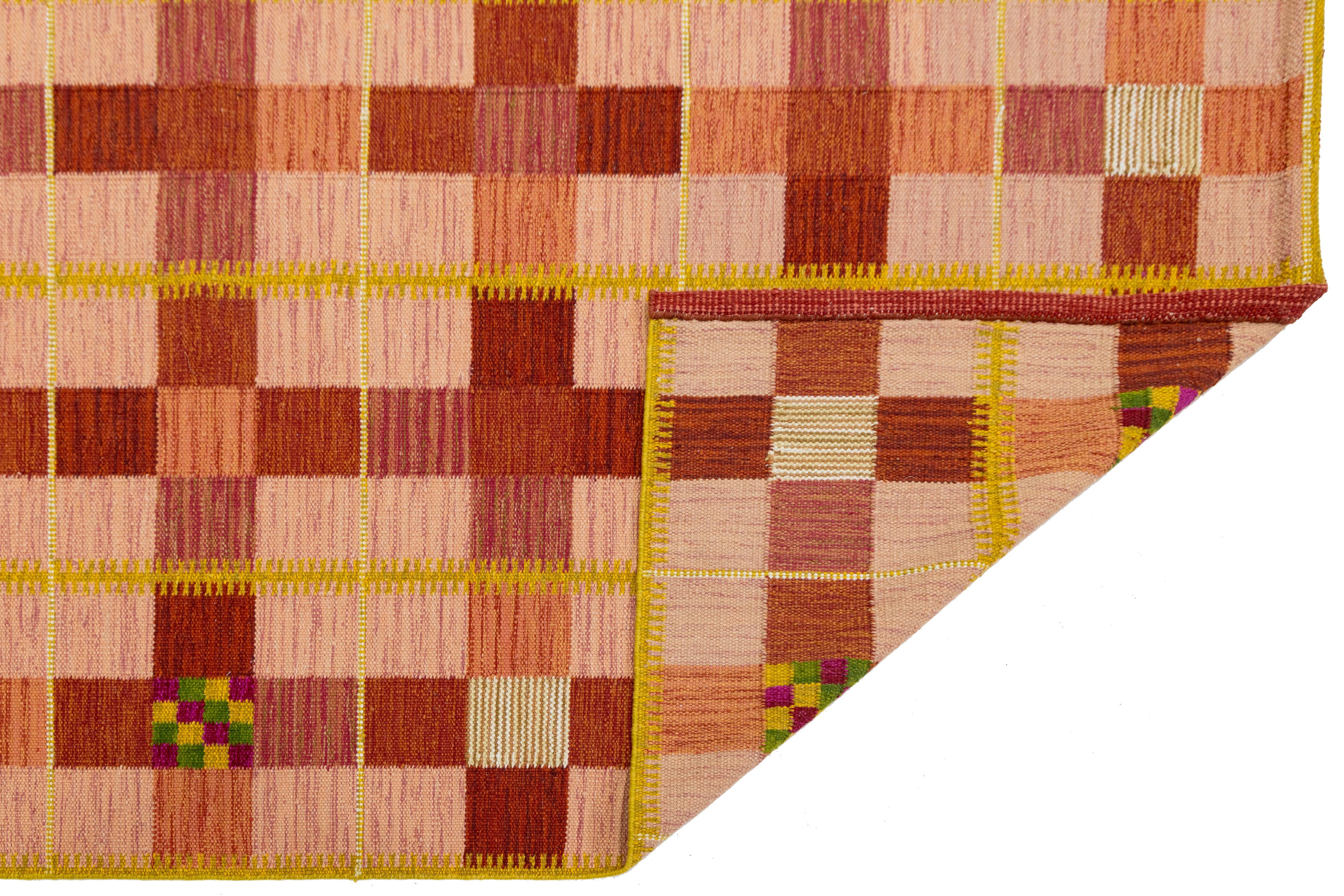 9 x 12 Moderner flachgewebter Wollteppich im schwedischen Stil in Orange mit geometrischem Muster (Skandinavische Moderne) im Angebot