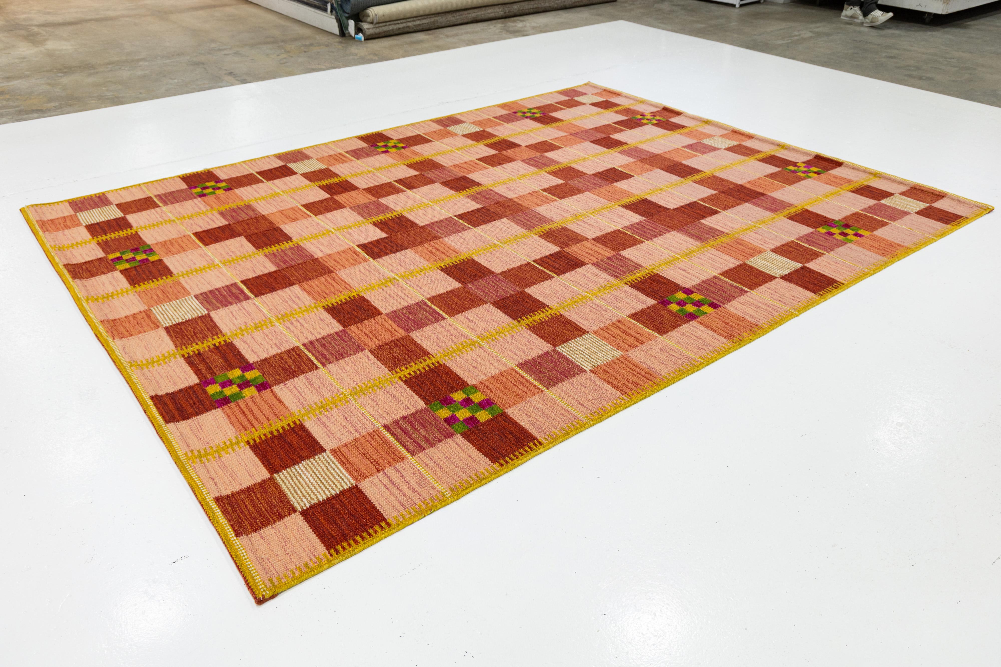 9 x 12 Moderner flachgewebter Wollteppich im schwedischen Stil in Orange mit geometrischem Muster (Indisch) im Angebot