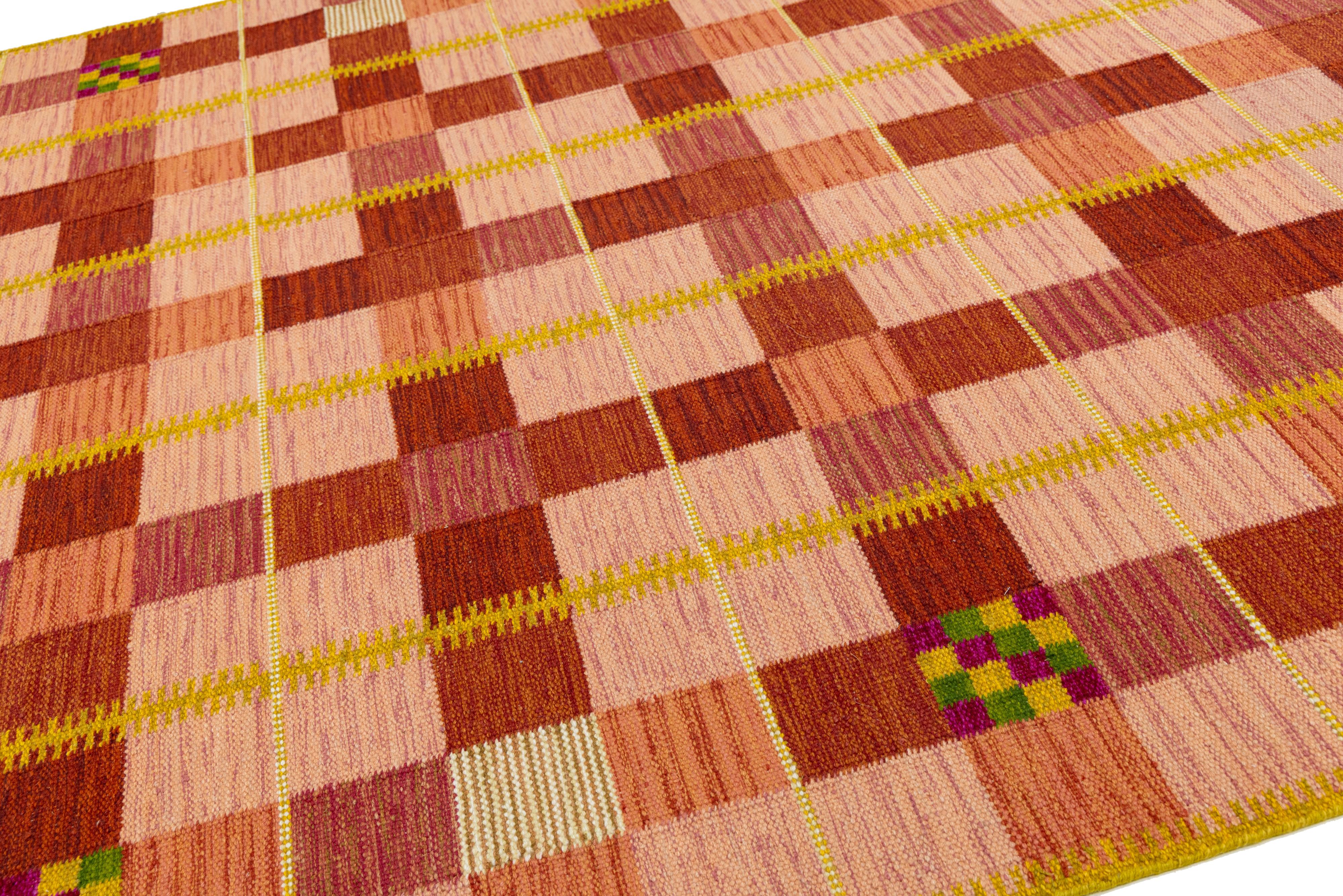 9 x 12 Moderner flachgewebter Wollteppich im schwedischen Stil in Orange mit geometrischem Muster (Handgeknüpft) im Angebot