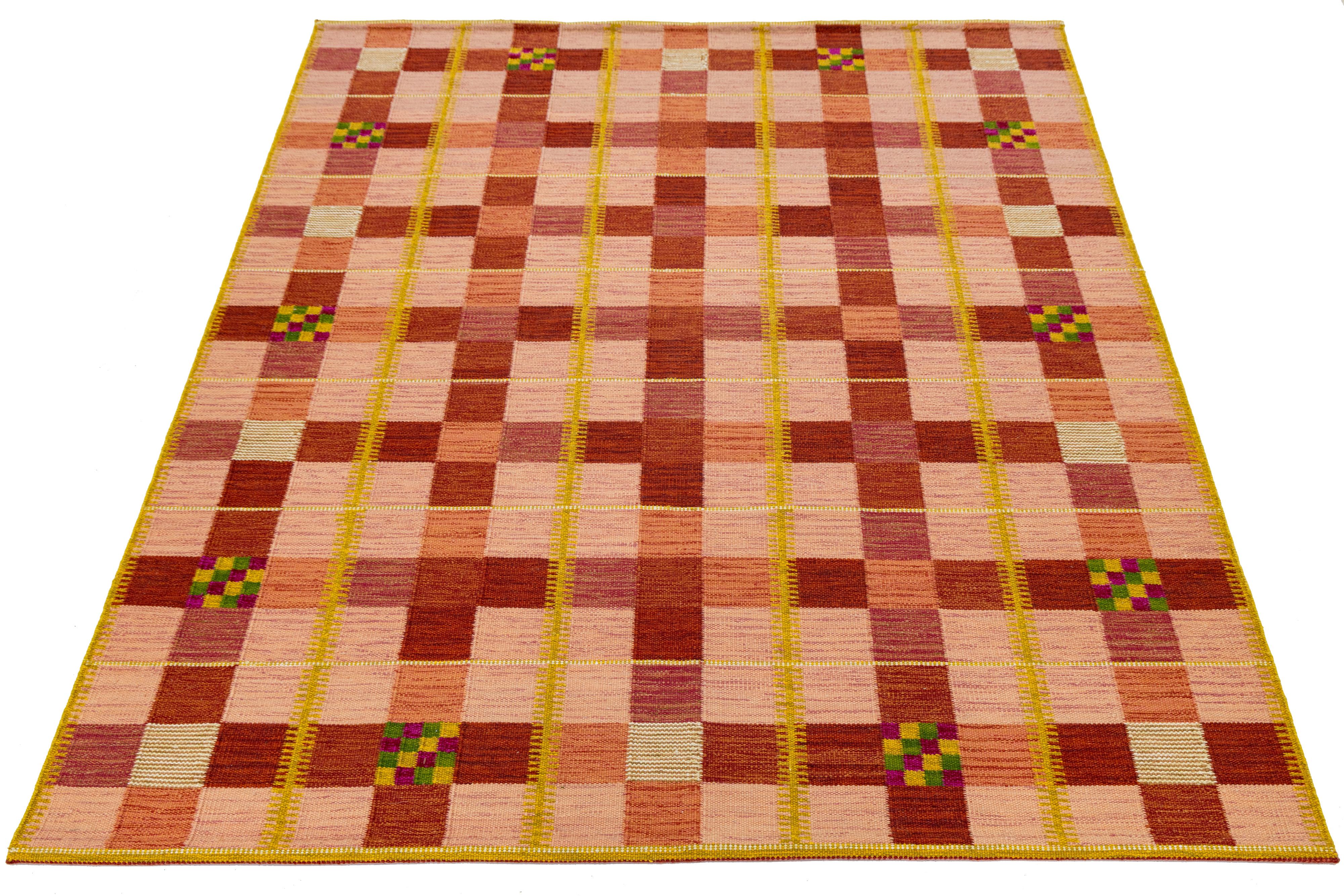 9 x 12 Moderner flachgewebter Wollteppich im schwedischen Stil in Orange mit geometrischem Muster (21. Jahrhundert und zeitgenössisch) im Angebot