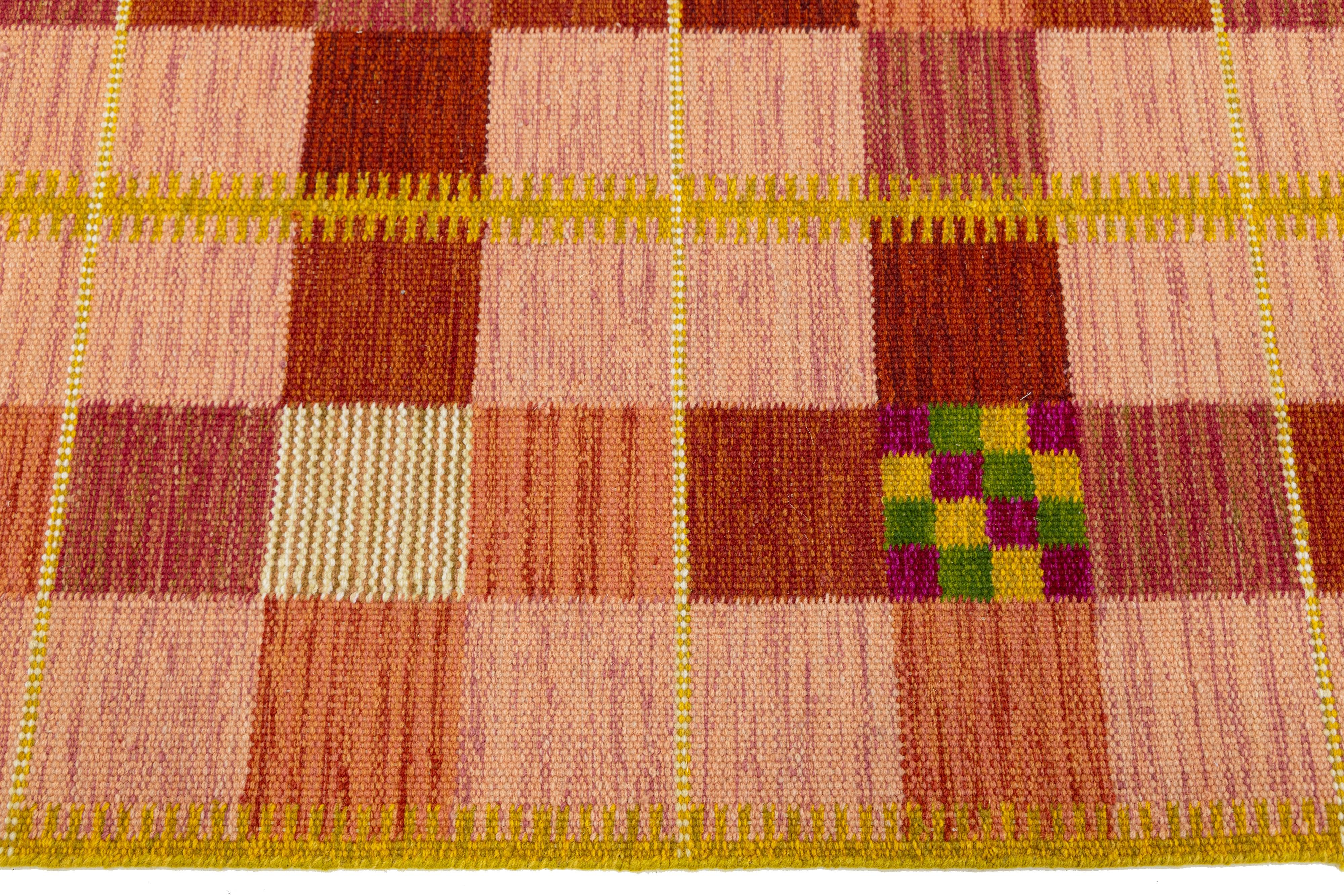 9 x 12 Moderner flachgewebter Wollteppich im schwedischen Stil in Orange mit geometrischem Muster im Angebot 1