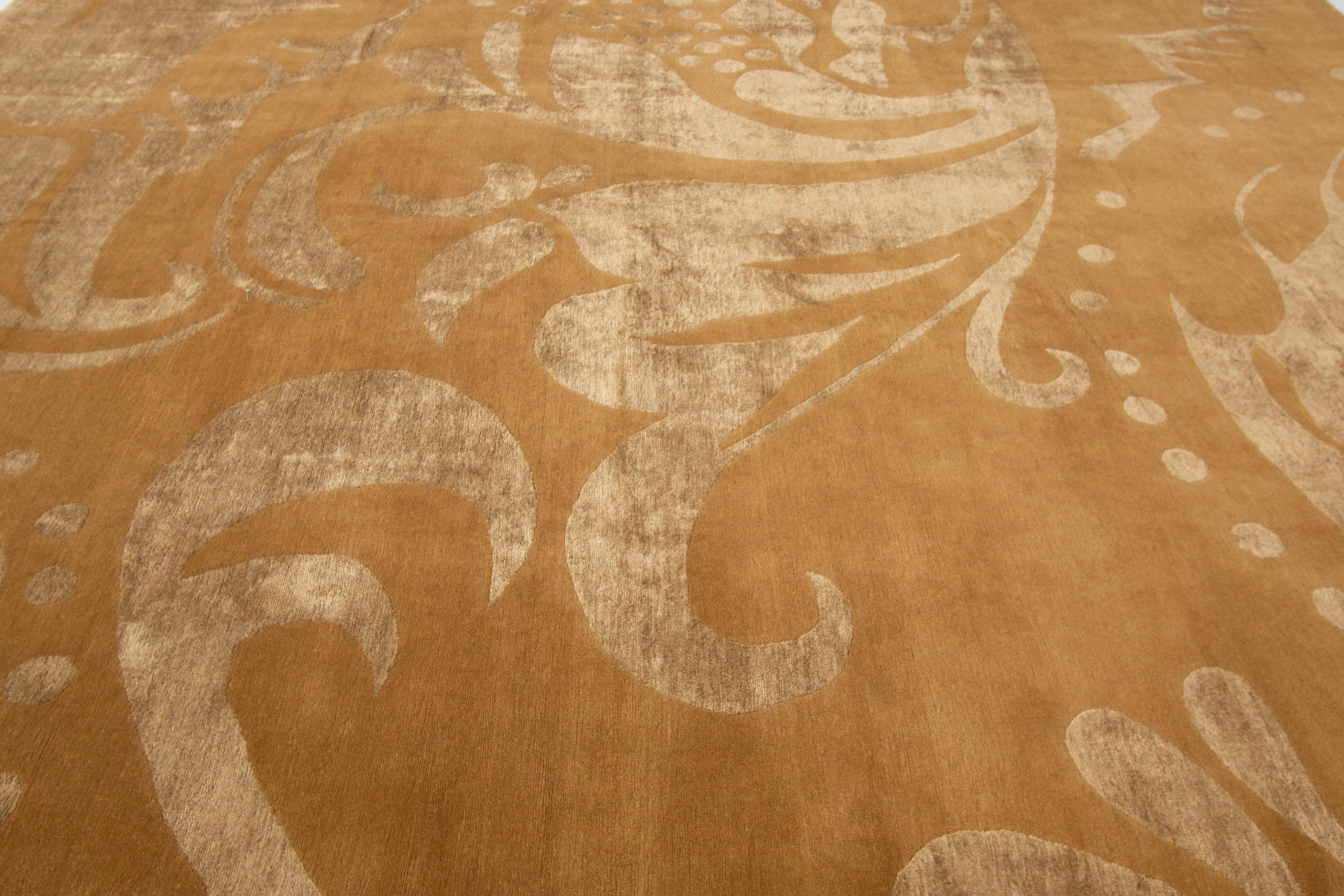 Hand-Knotted 9 x 12 Modern Tibetan Tan Wool Rug With Floral Design For Sale