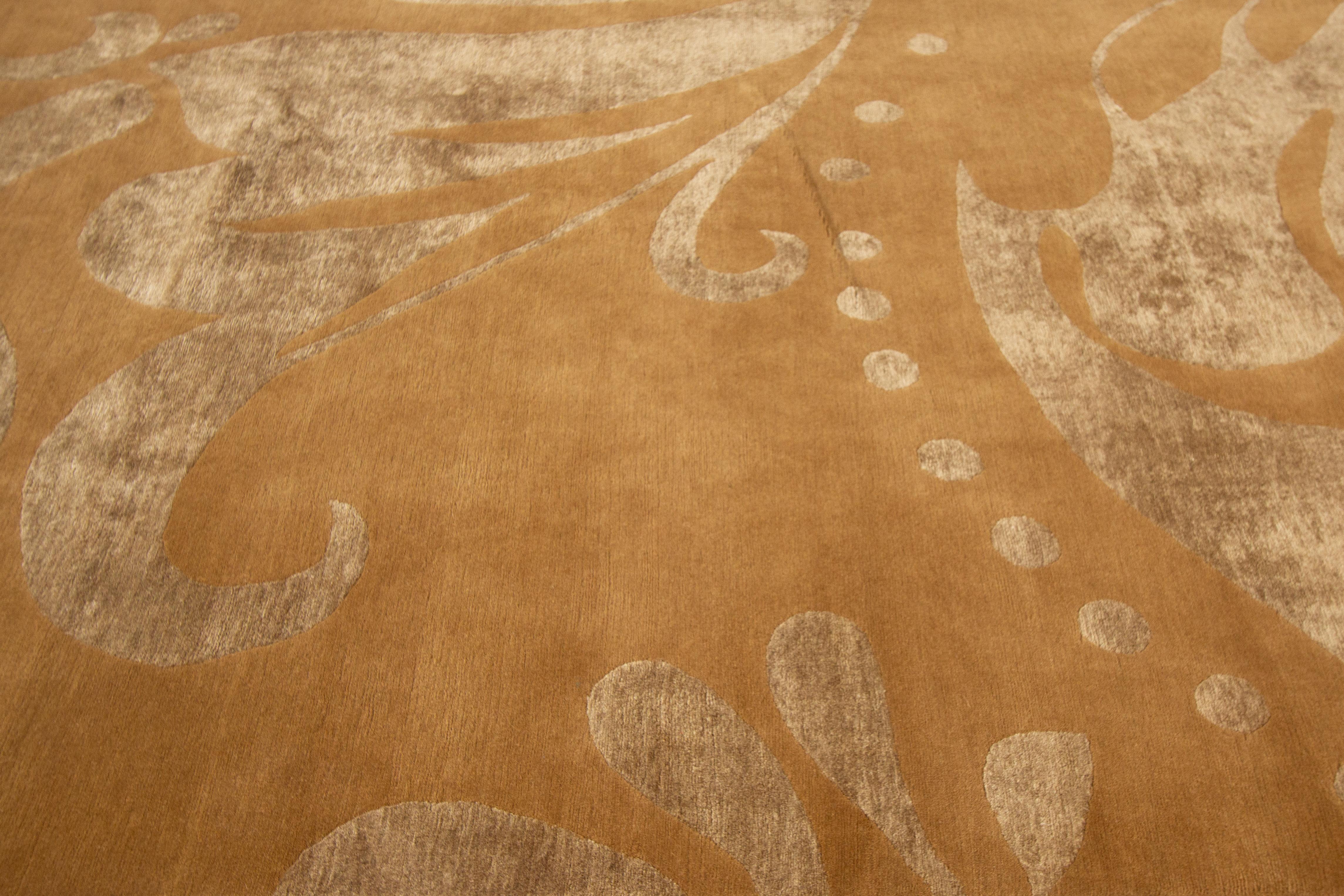 9 x 12 Modern Tibetan Tan Wool Rug With Floral Design In New Condition For Sale In Norwalk, CT