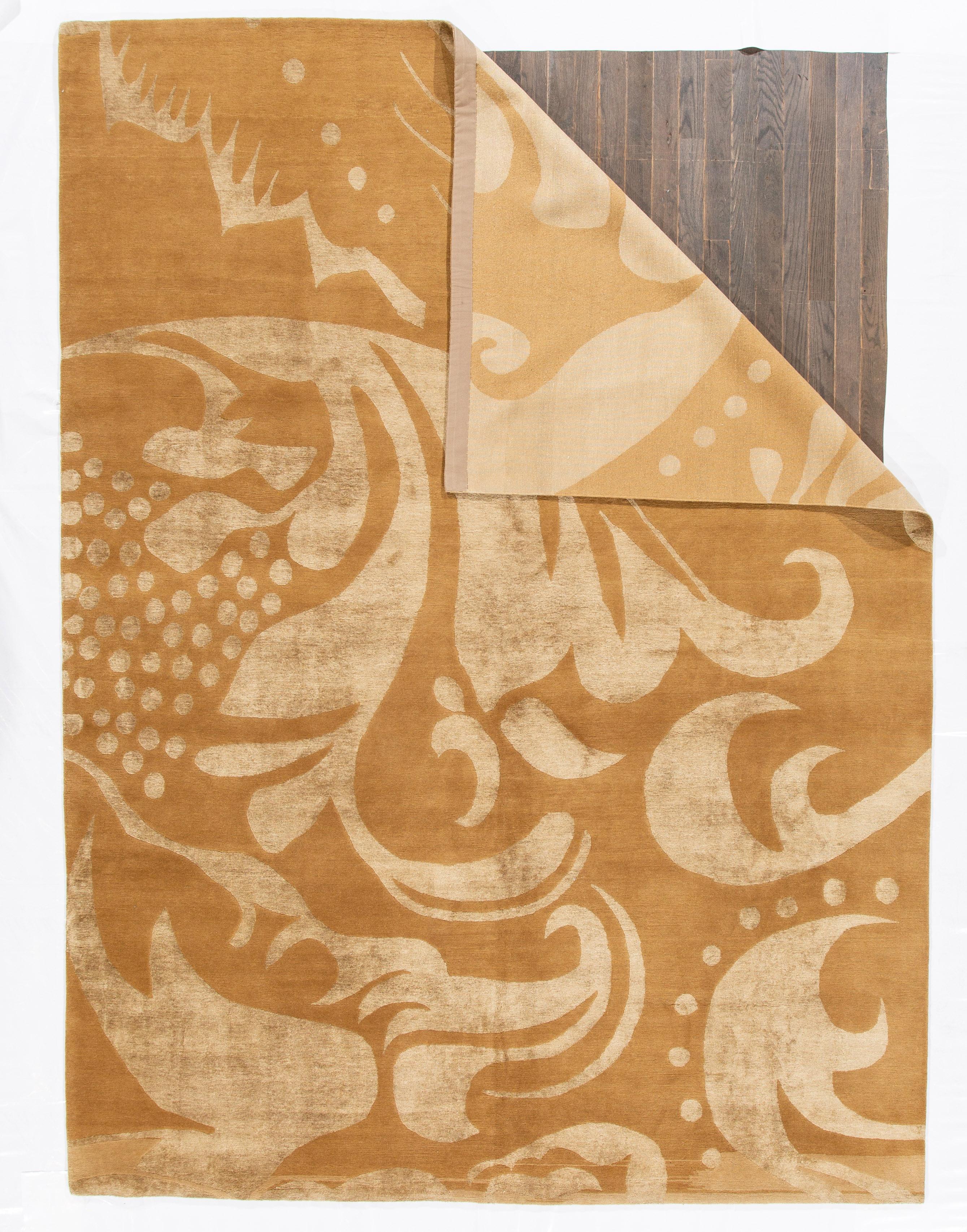 Contemporary 9 x 12 Modern Tibetan Tan Wool Rug With Floral Design For Sale