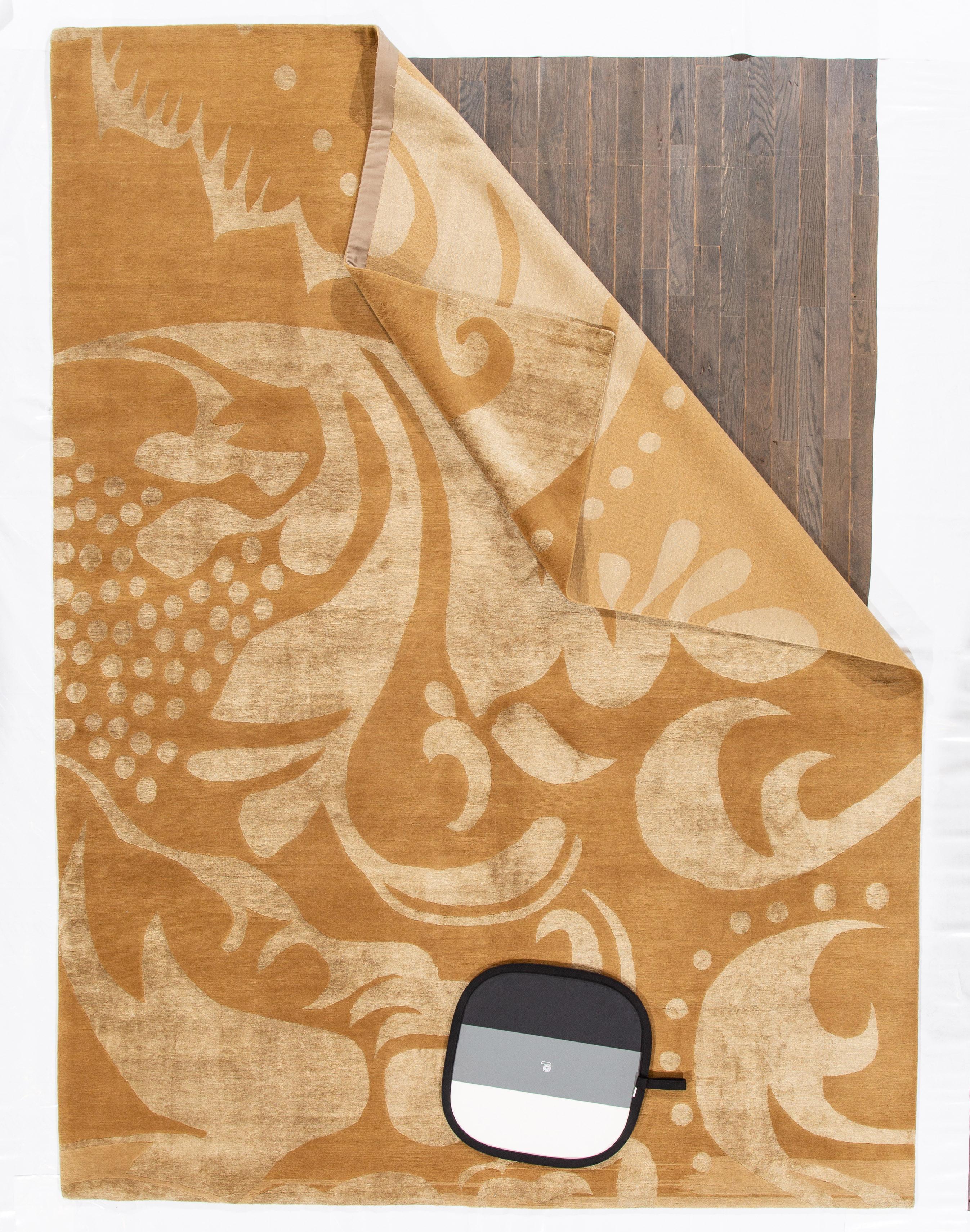 9 x 12 Modern Tibetan Tan Wool Rug With Floral Design For Sale 1