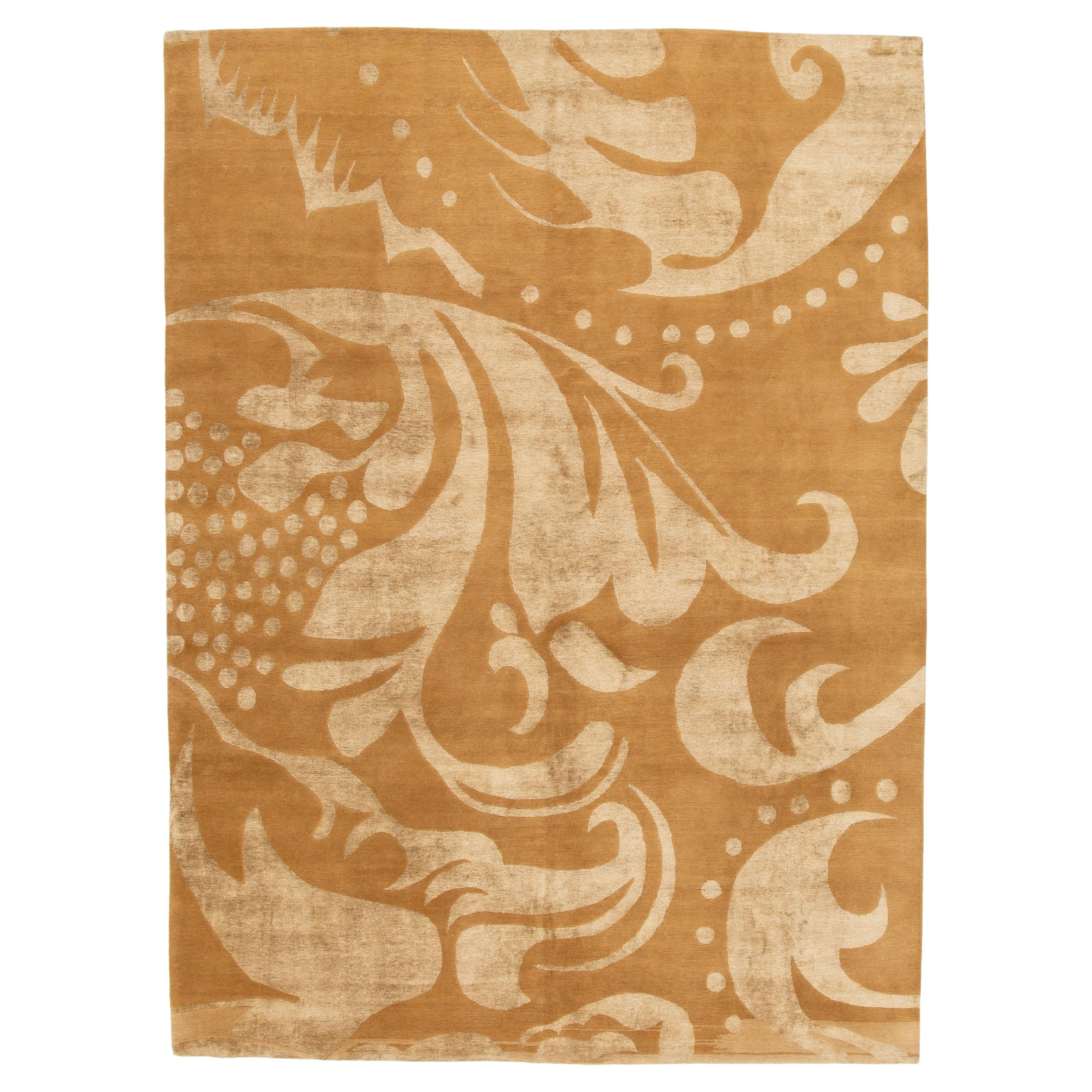 9 x 12 Modern Tibetan Tan Wool Rug With Floral Design For Sale