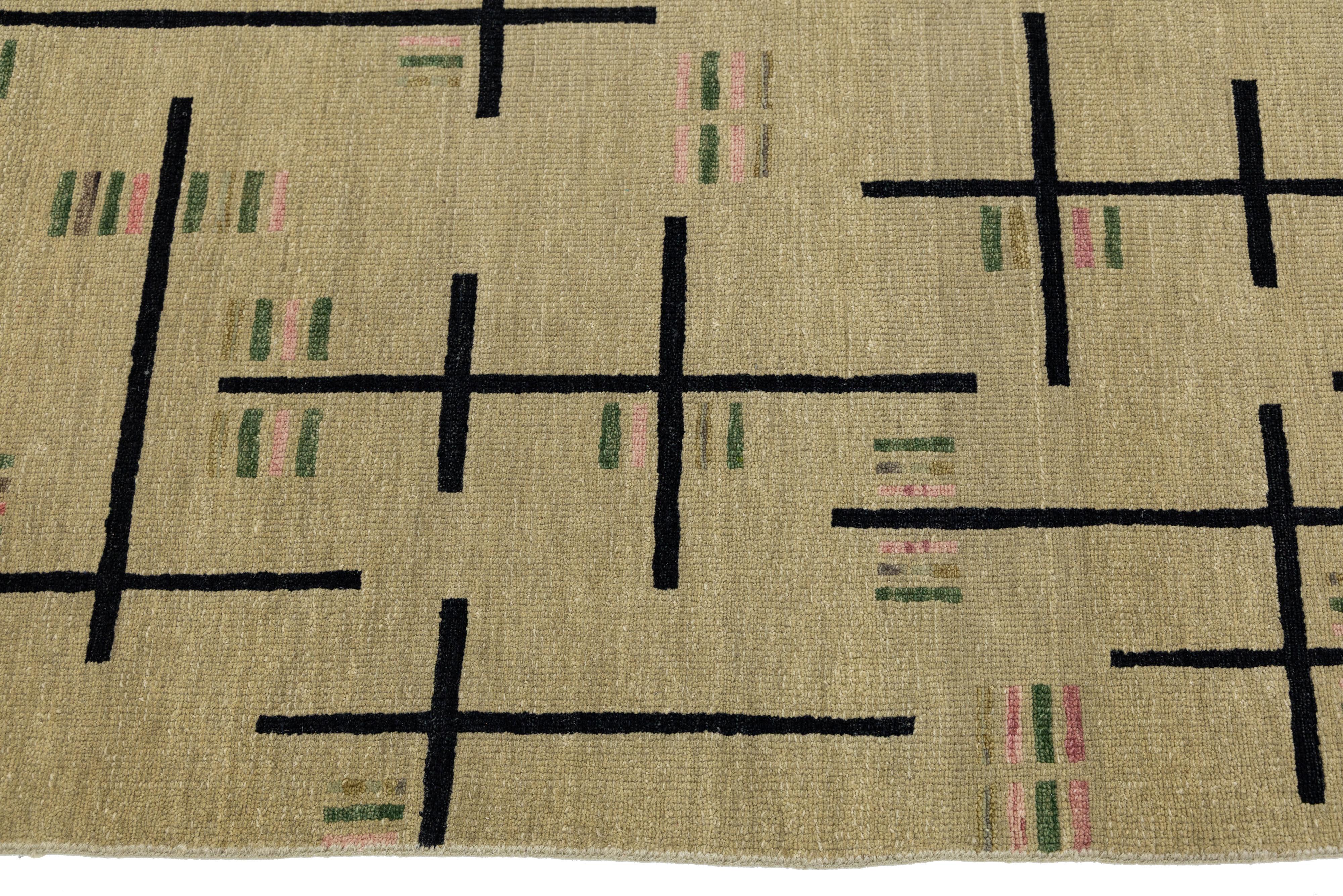 9 x 12 Modern Turkish Woven Tan Wool Rug with Art Deco Design im Angebot 2