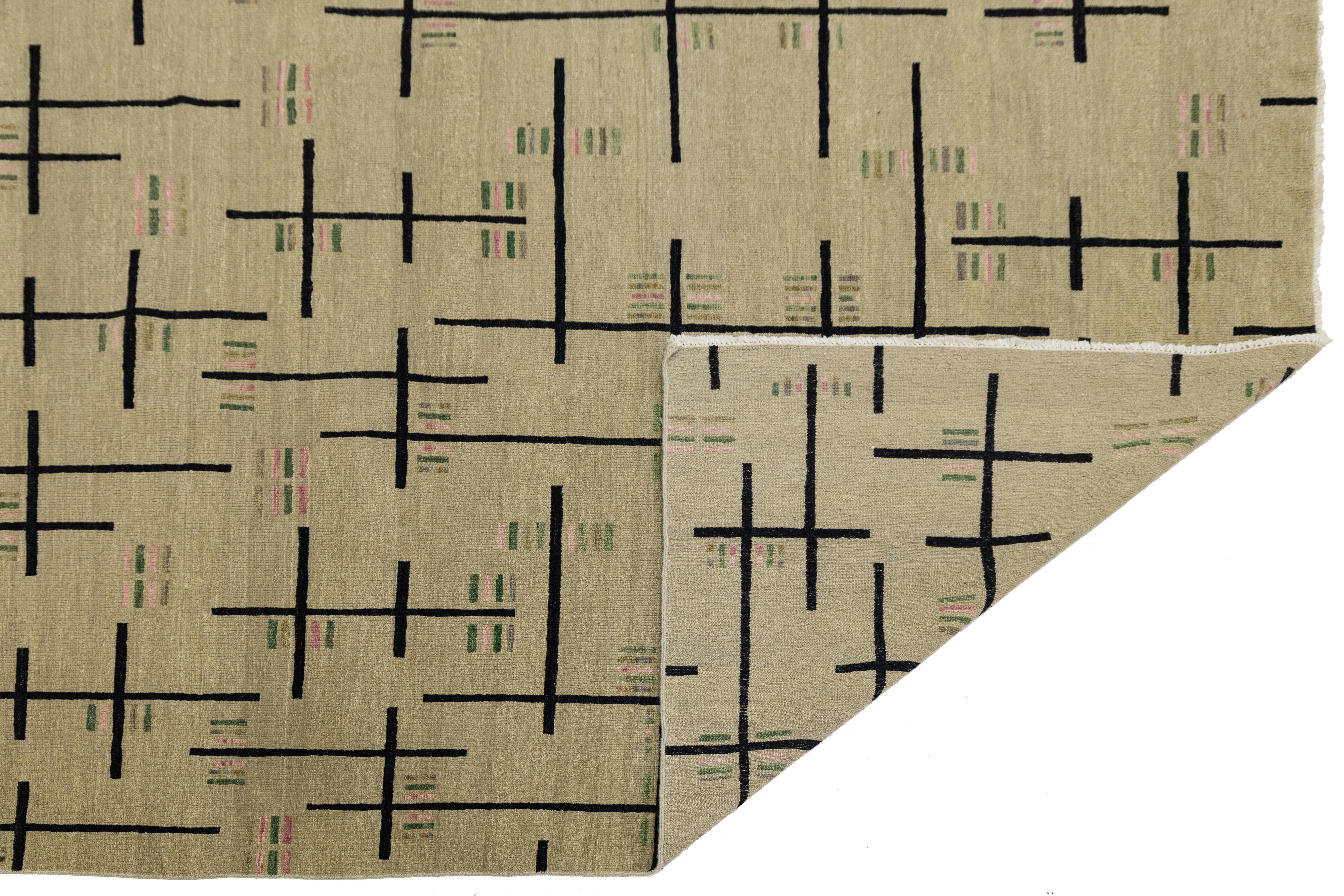 9 x 12 Modern Turkish Woven Tan Wool Rug with Art Deco Design (Kelim) im Angebot