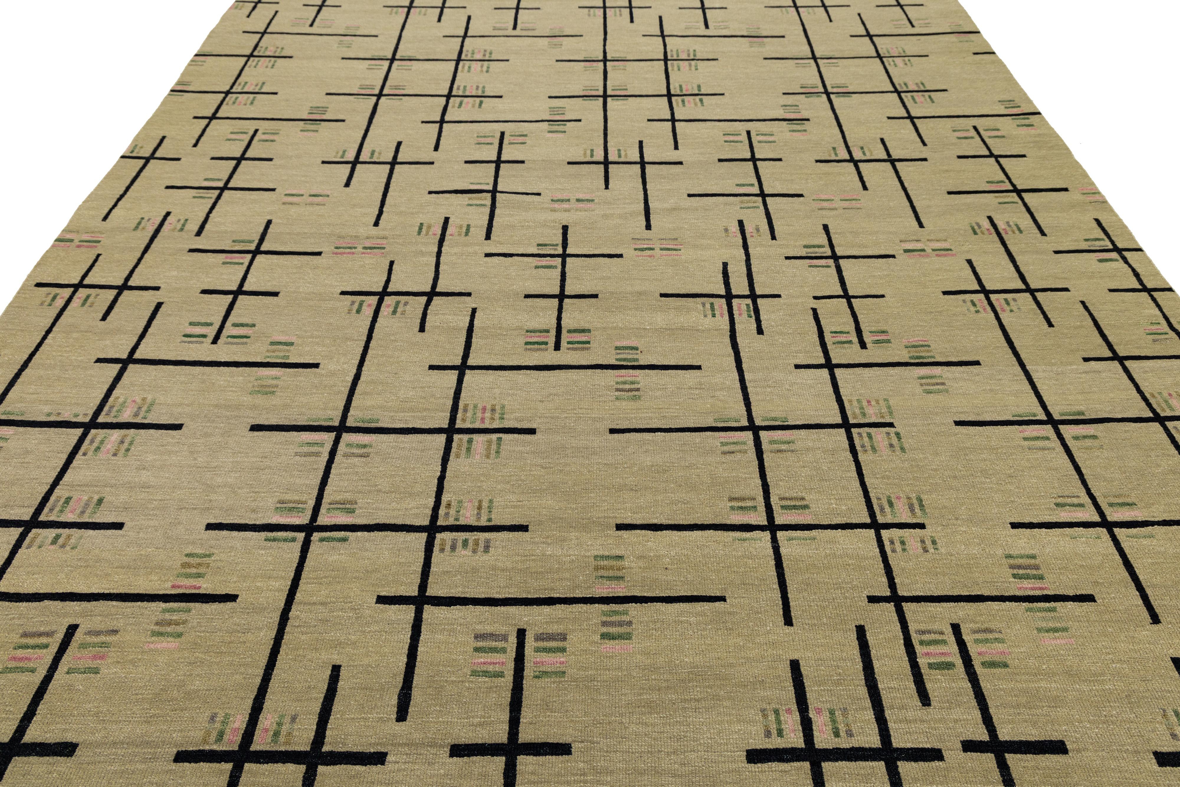 9 x 12 Modern Turkish Woven Tan Wool Rug with Art Deco Design (Wolle) im Angebot