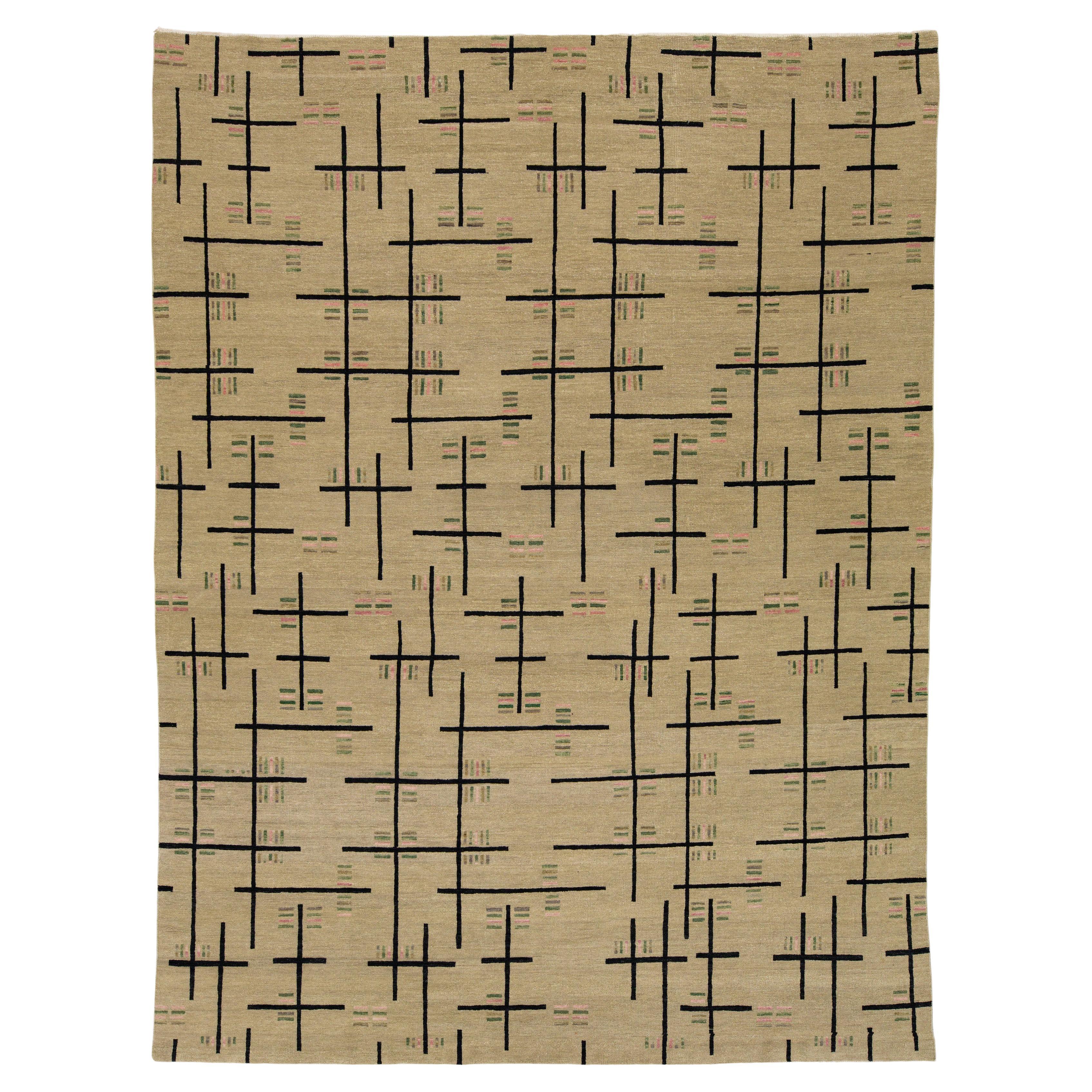 9 x 12 Tappeto moderno in lana turca intrecciata Tan con design Art Deco
