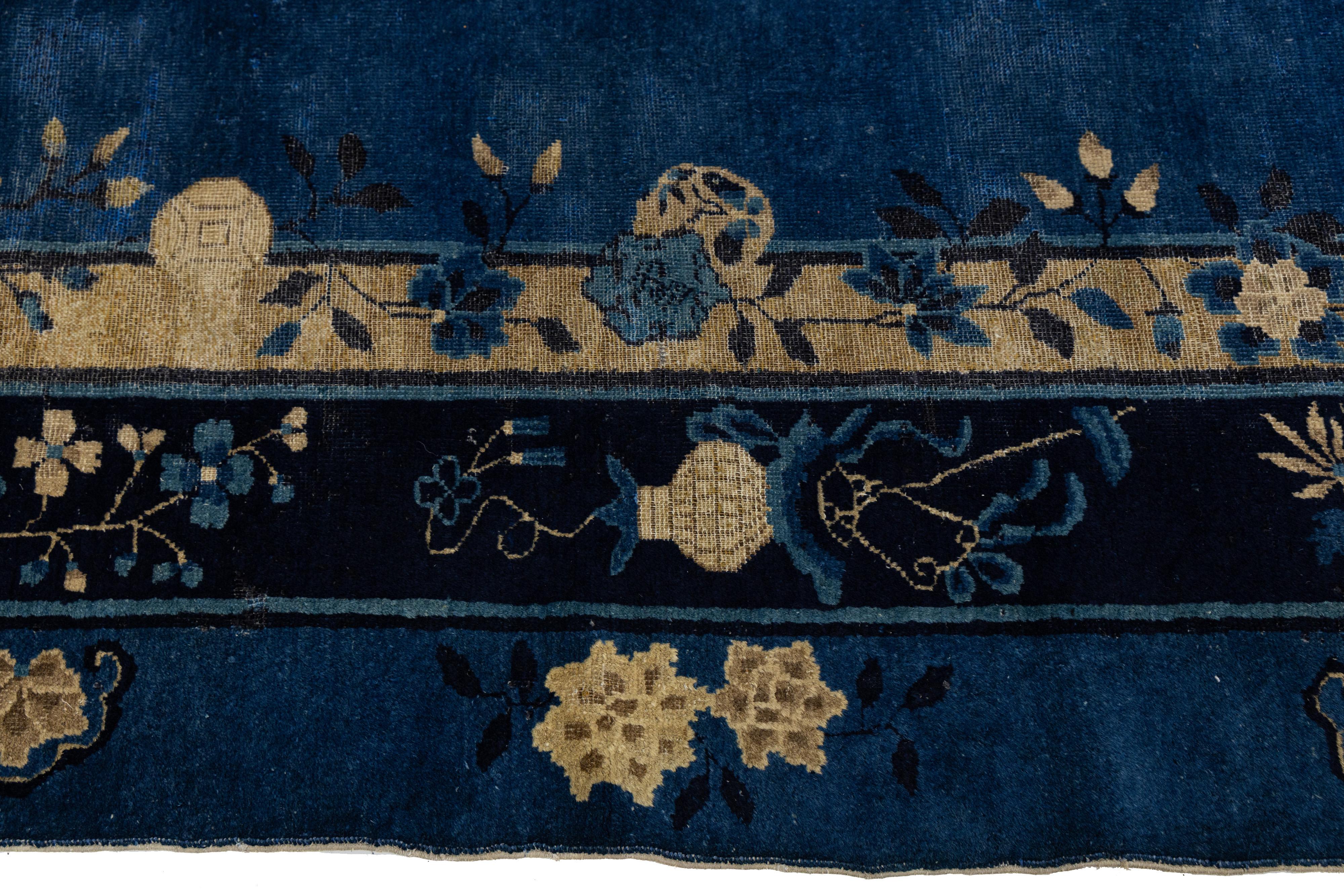 9 x 12 Navy Blue Antique Art Deco Chinese Wool Rug With Classic Design For Sale 5