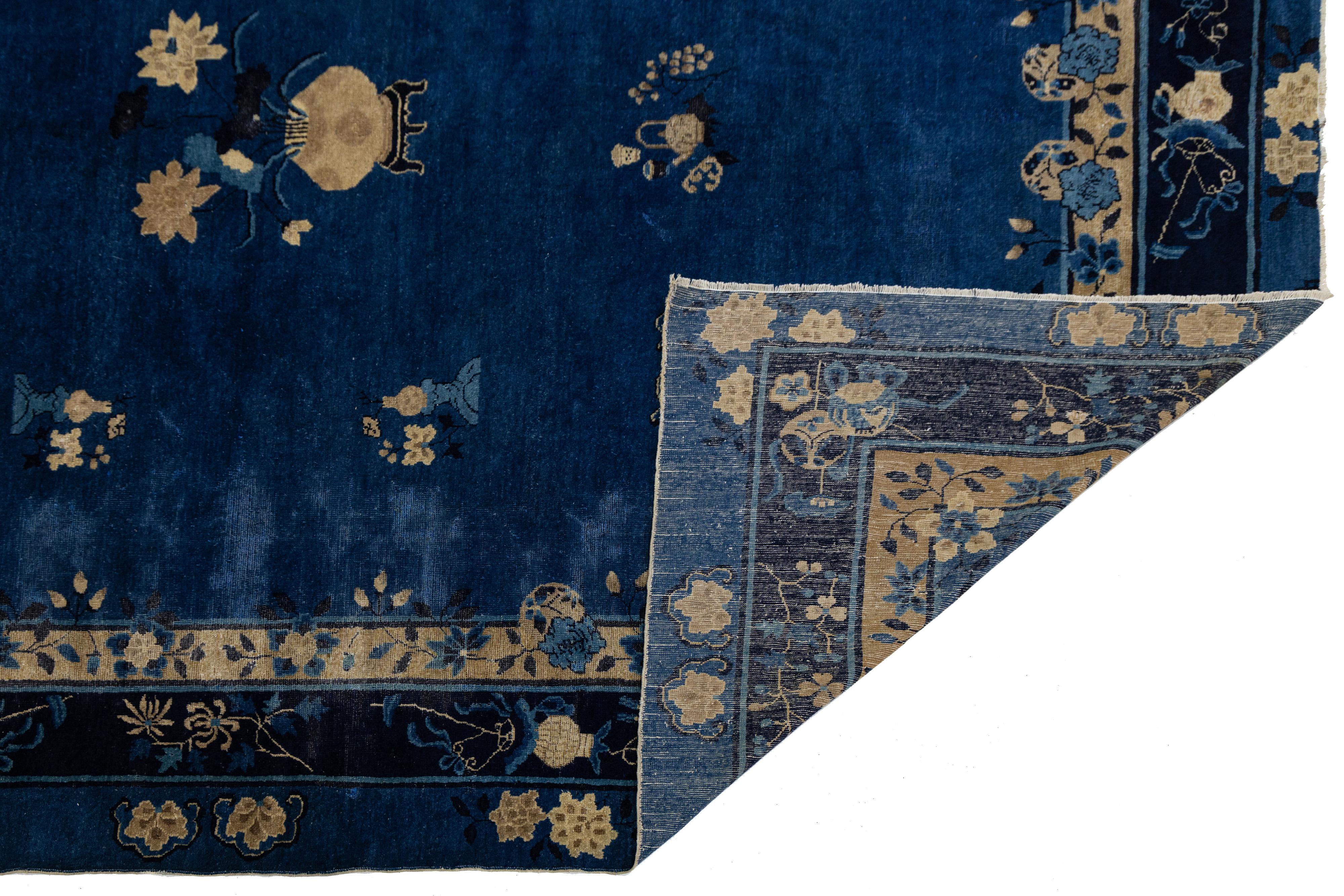 Hand-Knotted 9 x 12 Navy Blue Antique Art Deco Chinese Wool Rug With Classic Design For Sale
