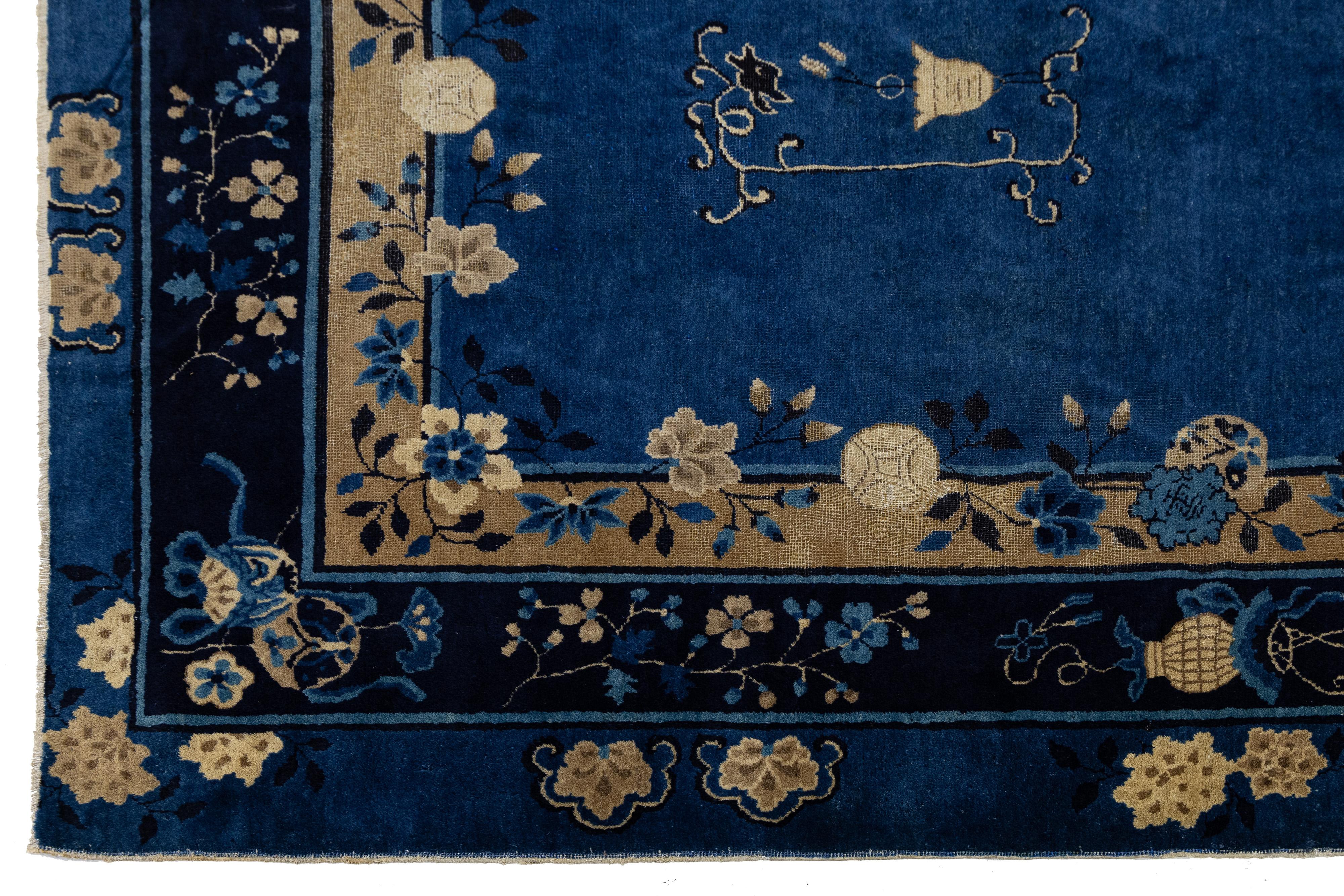 9 x 12 Navy Blue Antique Art Deco Chinese Wool Rug With Classic Design In Excellent Condition For Sale In Norwalk, CT