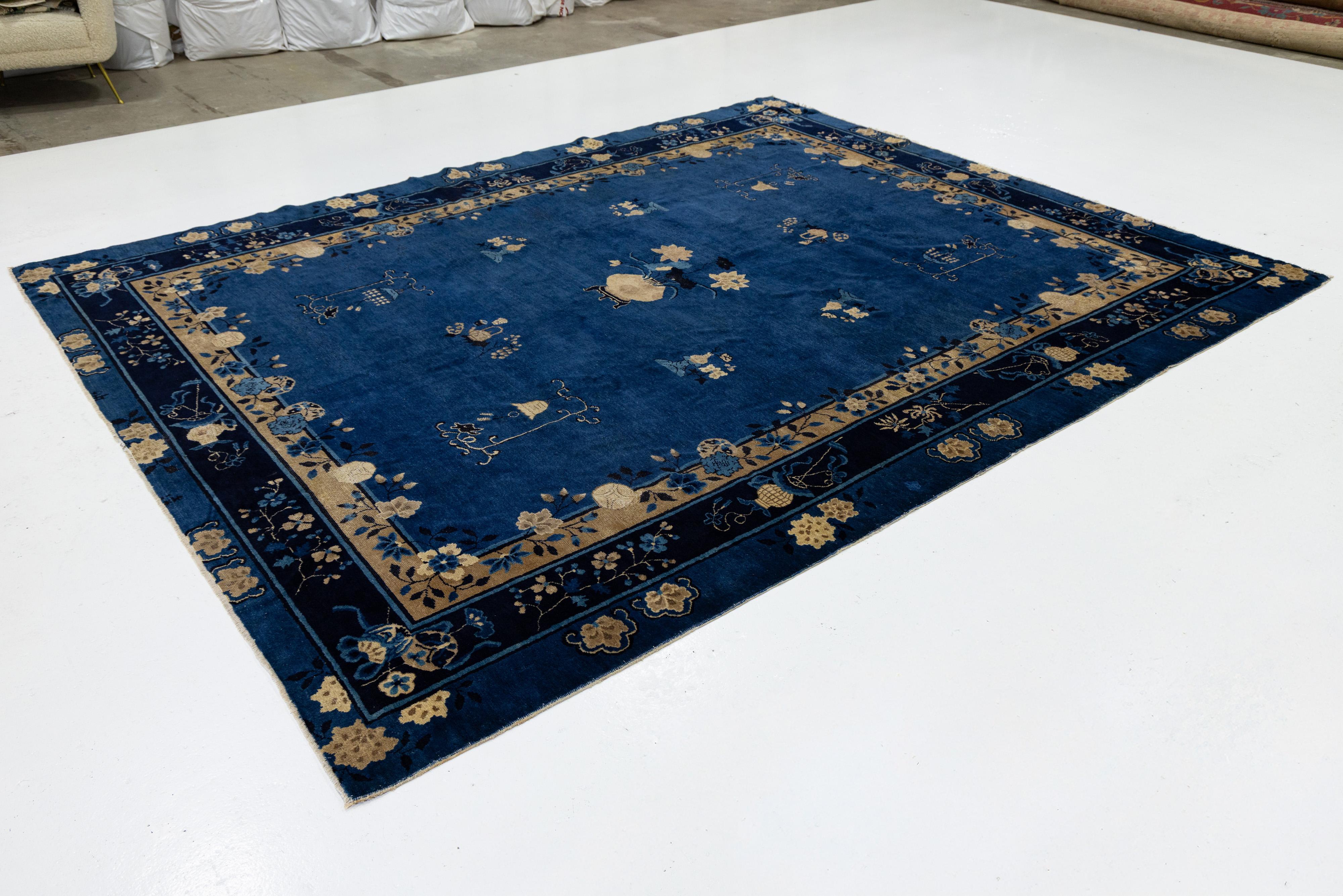 20th Century 9 x 12 Navy Blue Antique Art Deco Chinese Wool Rug With Classic Design For Sale