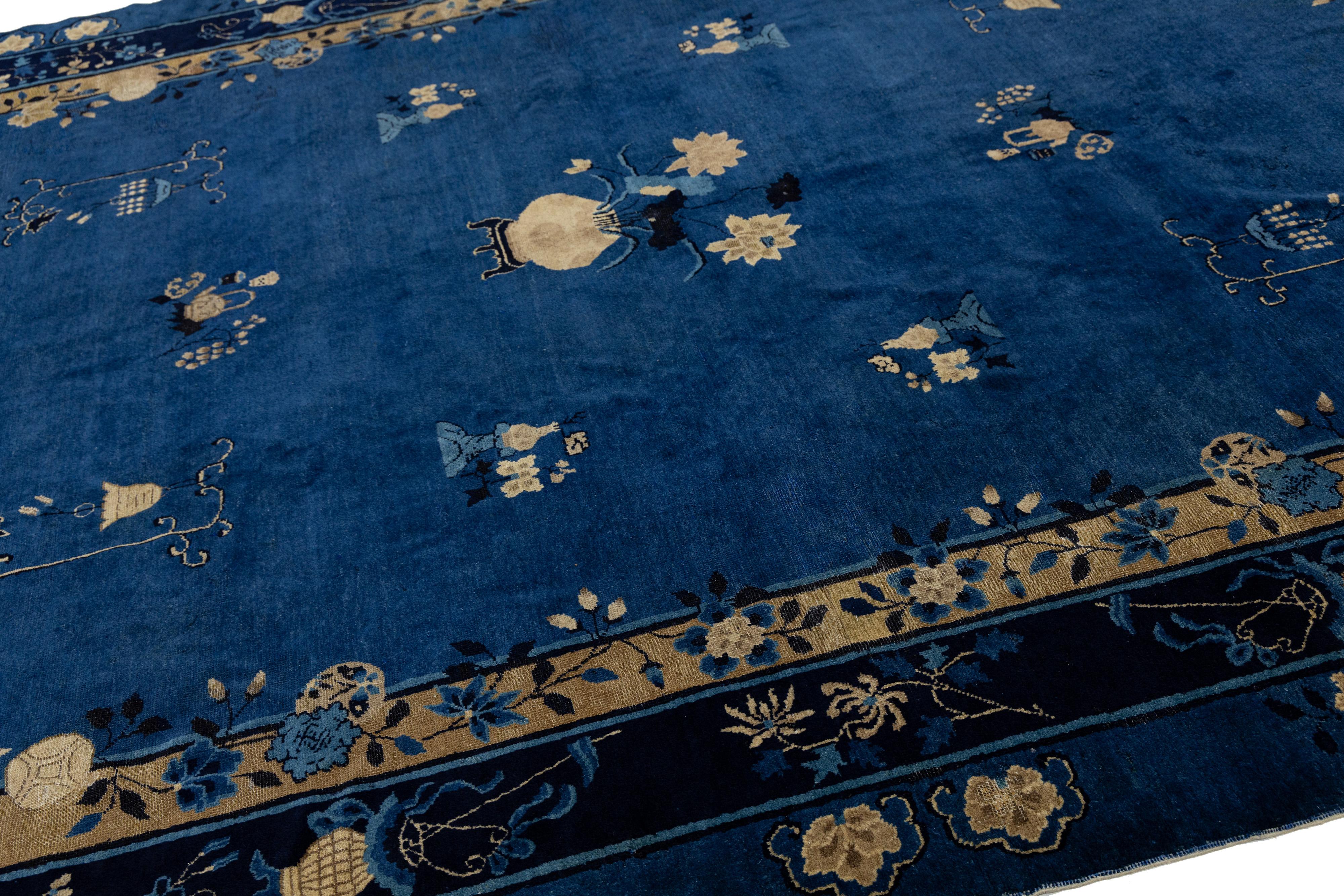 9 x 12 Navy Blue Antique Art Deco Chinese Wool Rug With Classic Design For Sale 1