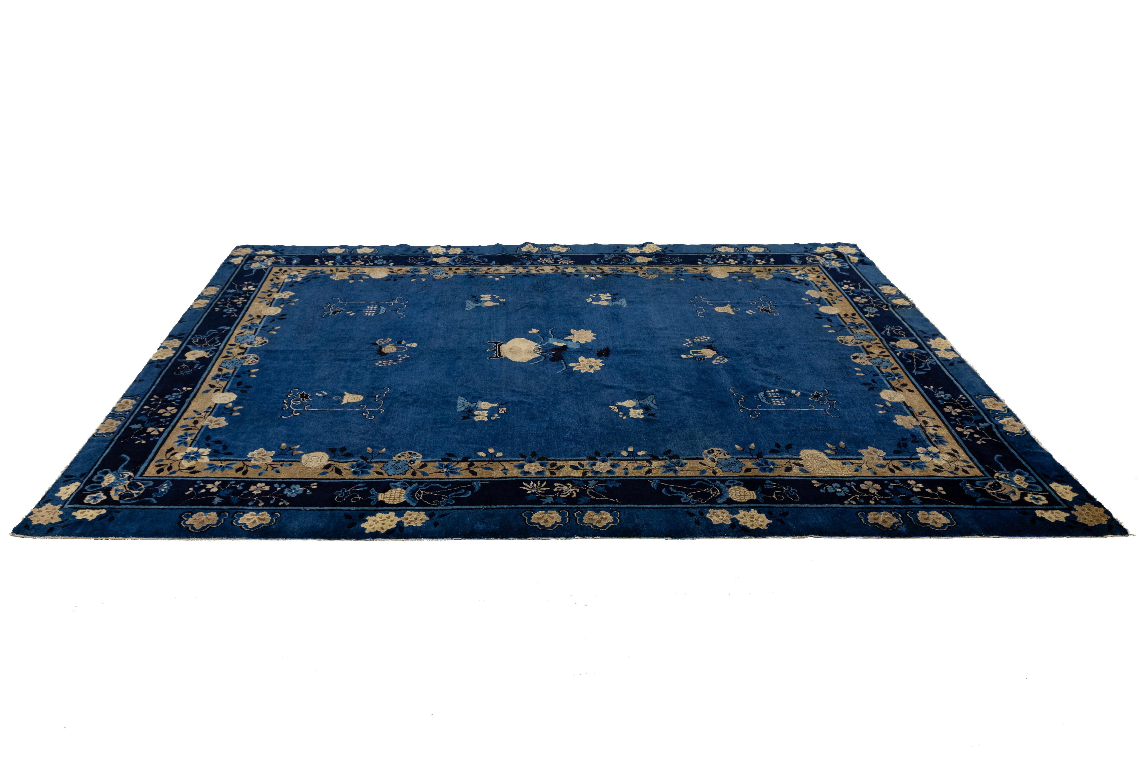 9 x 12 Navy Blue Antique Art Deco Chinese Wool Rug With Classic Design For Sale 2