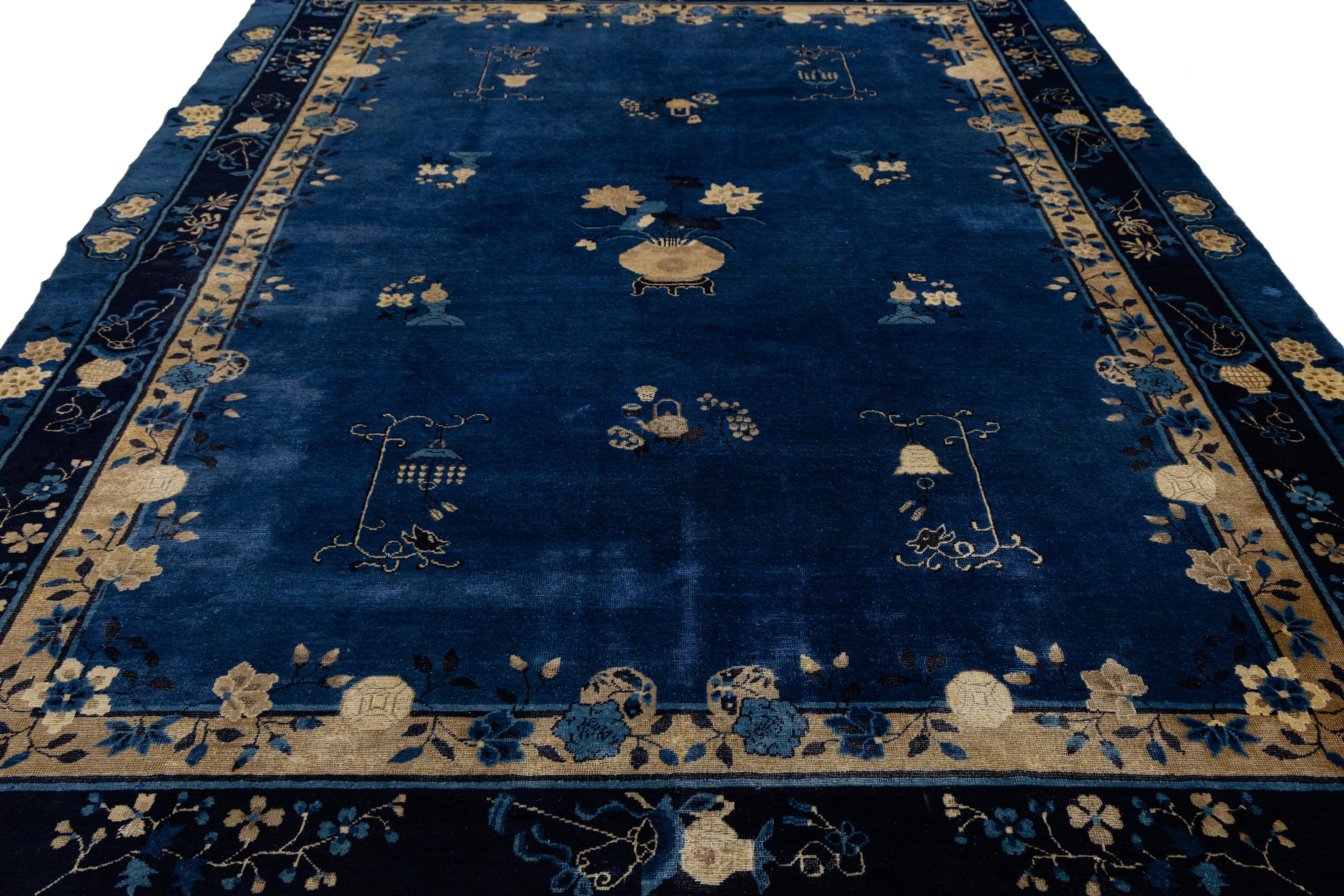 9 x 12 Navy Blue Antique Art Deco Chinese Wool Rug With Classic Design For Sale 3