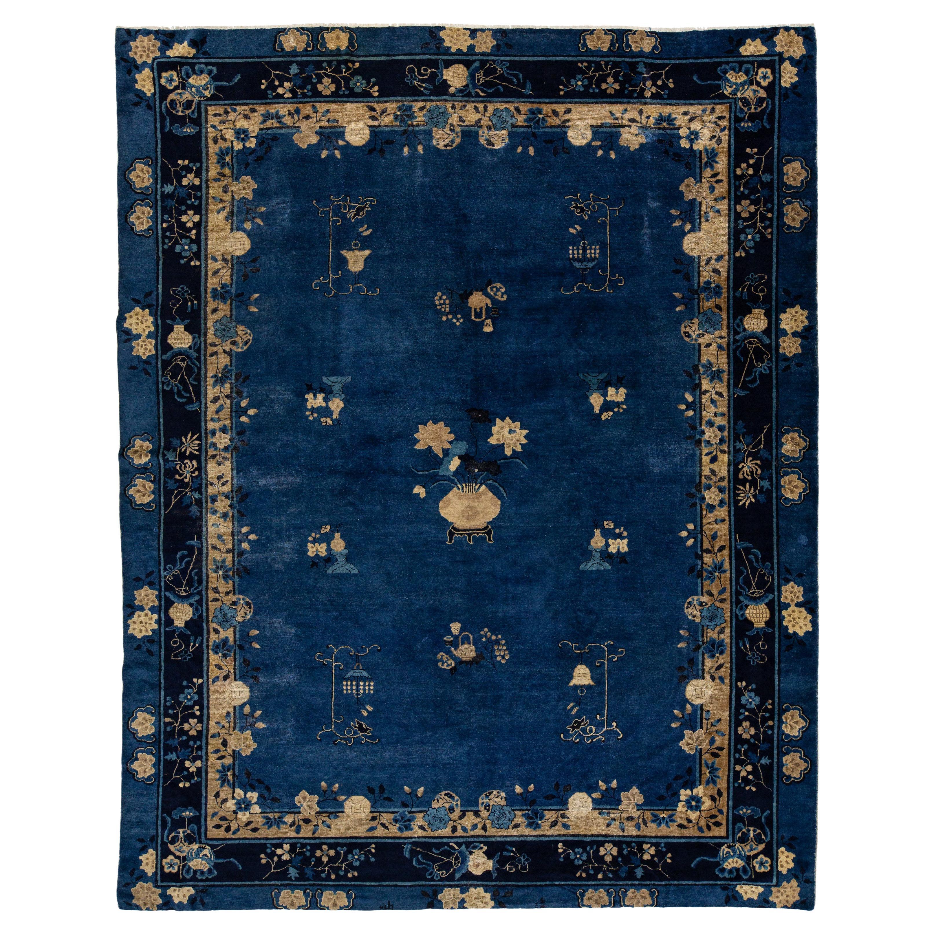 9 x 12 Navy Blue Antique Art Deco Chinese Wool Rug With Classic Design For Sale