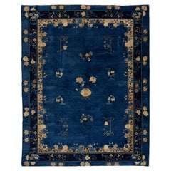 9 x 12 Navy Blue Antique Art Deco Chinese Wool Rug With Classic Design