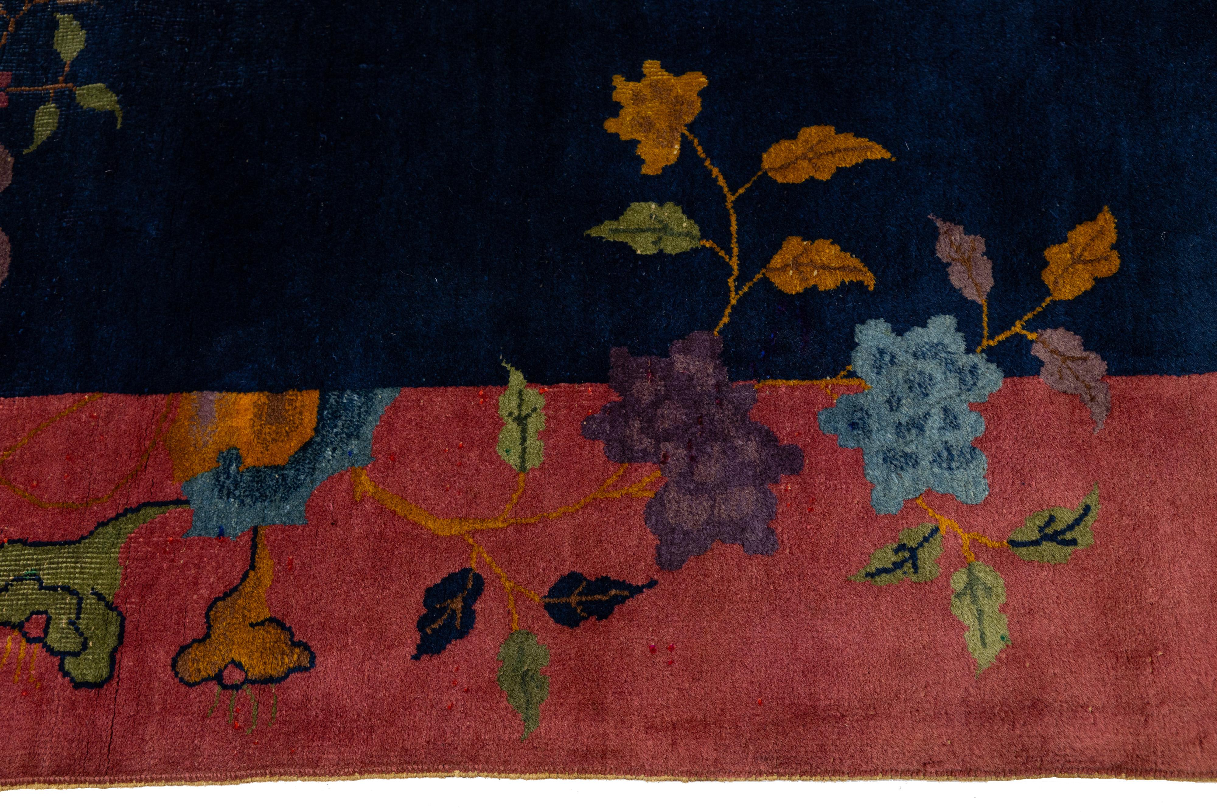 9 x 12 Bleu marine Antique Art Deco Chinese Wool Rug With Traditiona Design en vente 2