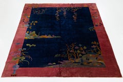 9 x 12 Navy Blue Antique Art Deco Chinese Wool Rug With Traditional Design