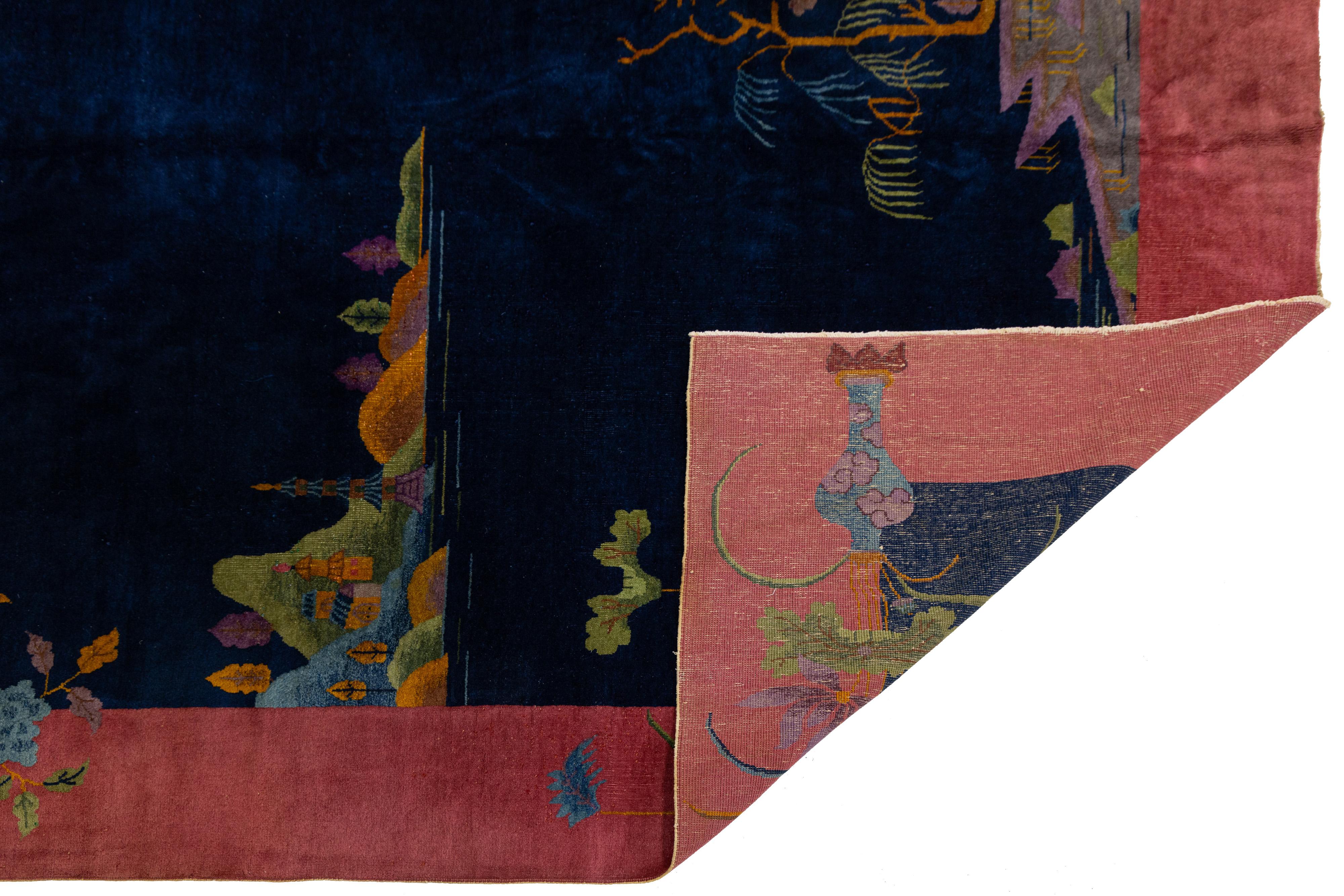 Art déco 9 x 12 Bleu marine Antique Art Deco Chinese Wool Rug With Traditiona Design en vente