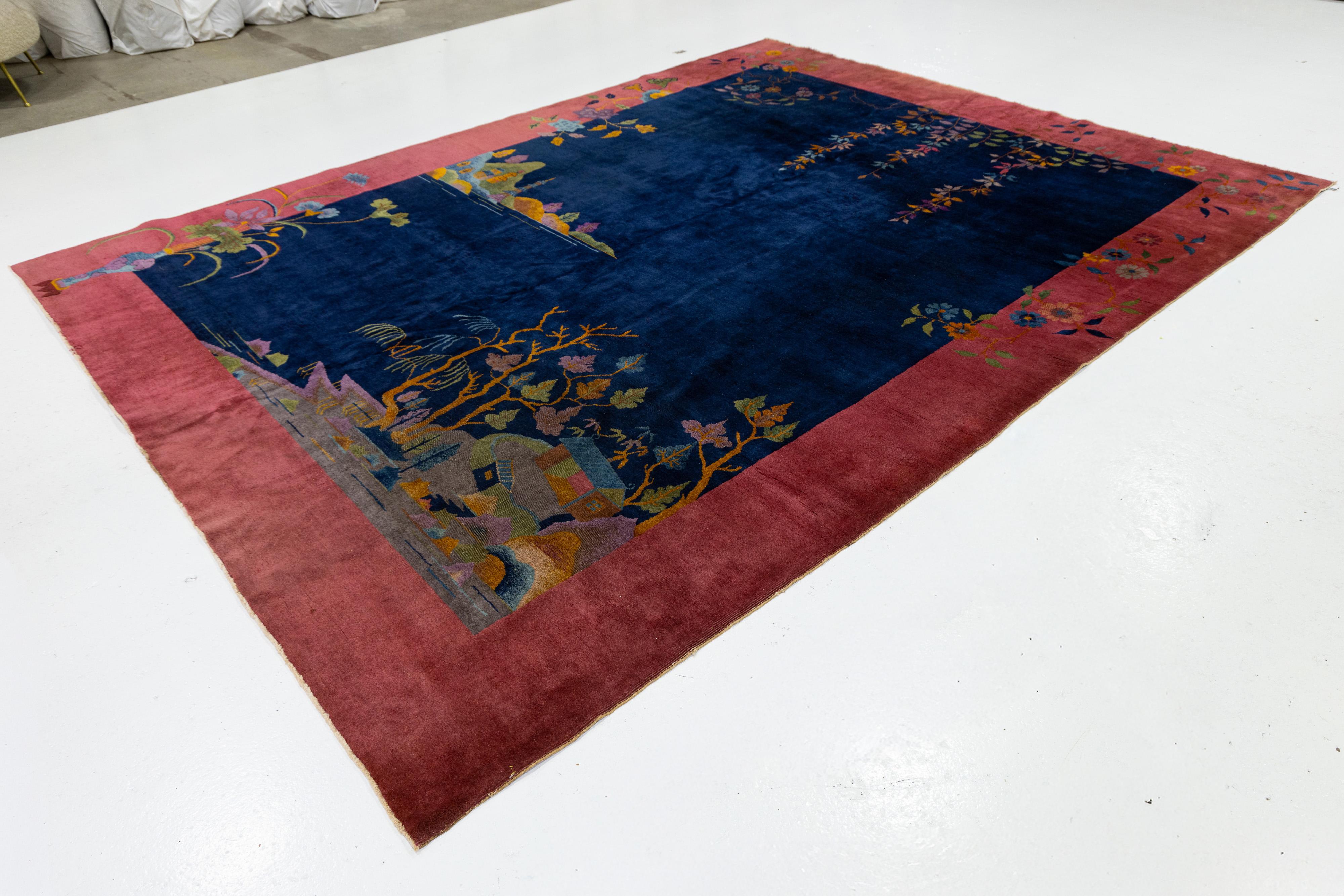 Chinois 9 x 12 Bleu marine Antique Art Deco Chinese Wool Rug With Traditiona Design en vente