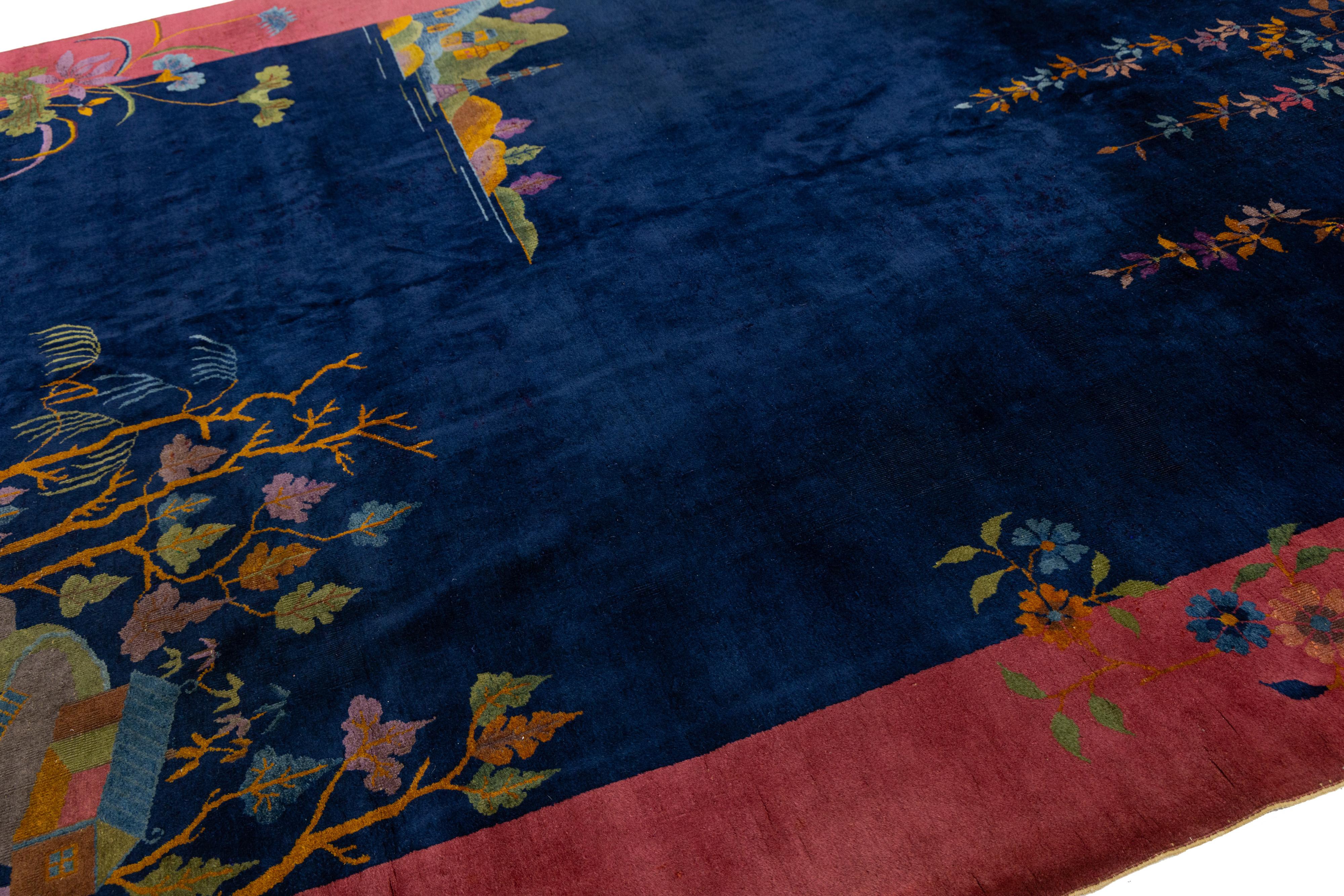 Noué à la main 9 x 12 Bleu marine Antique Art Deco Chinese Wool Rug With Traditiona Design en vente