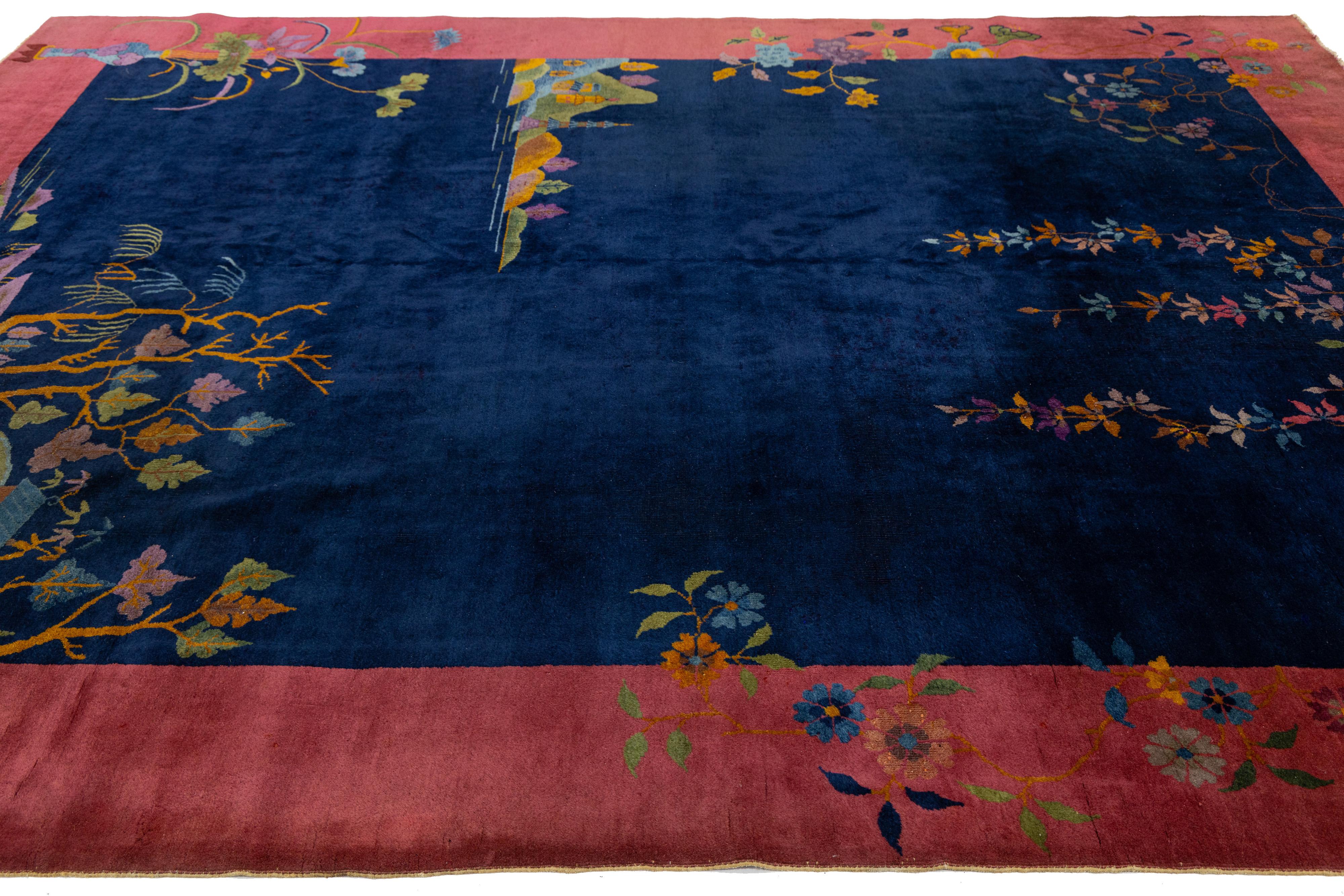 9 x 12 Bleu marine Antique Art Deco Chinese Wool Rug With Traditiona Design Excellent état - En vente à Norwalk, CT