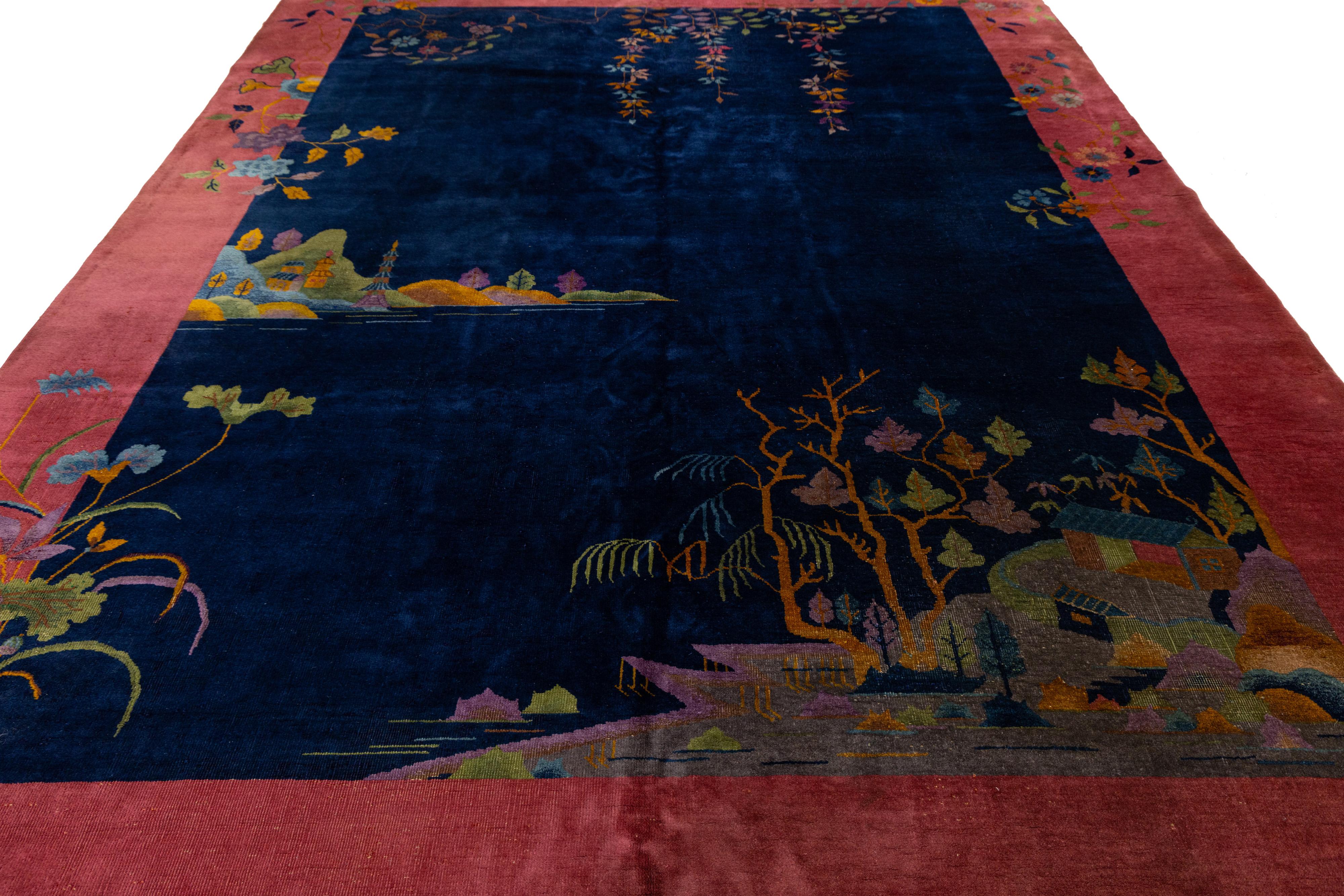 Laine 9 x 12 Bleu marine Antique Art Deco Chinese Wool Rug With Traditiona Design en vente