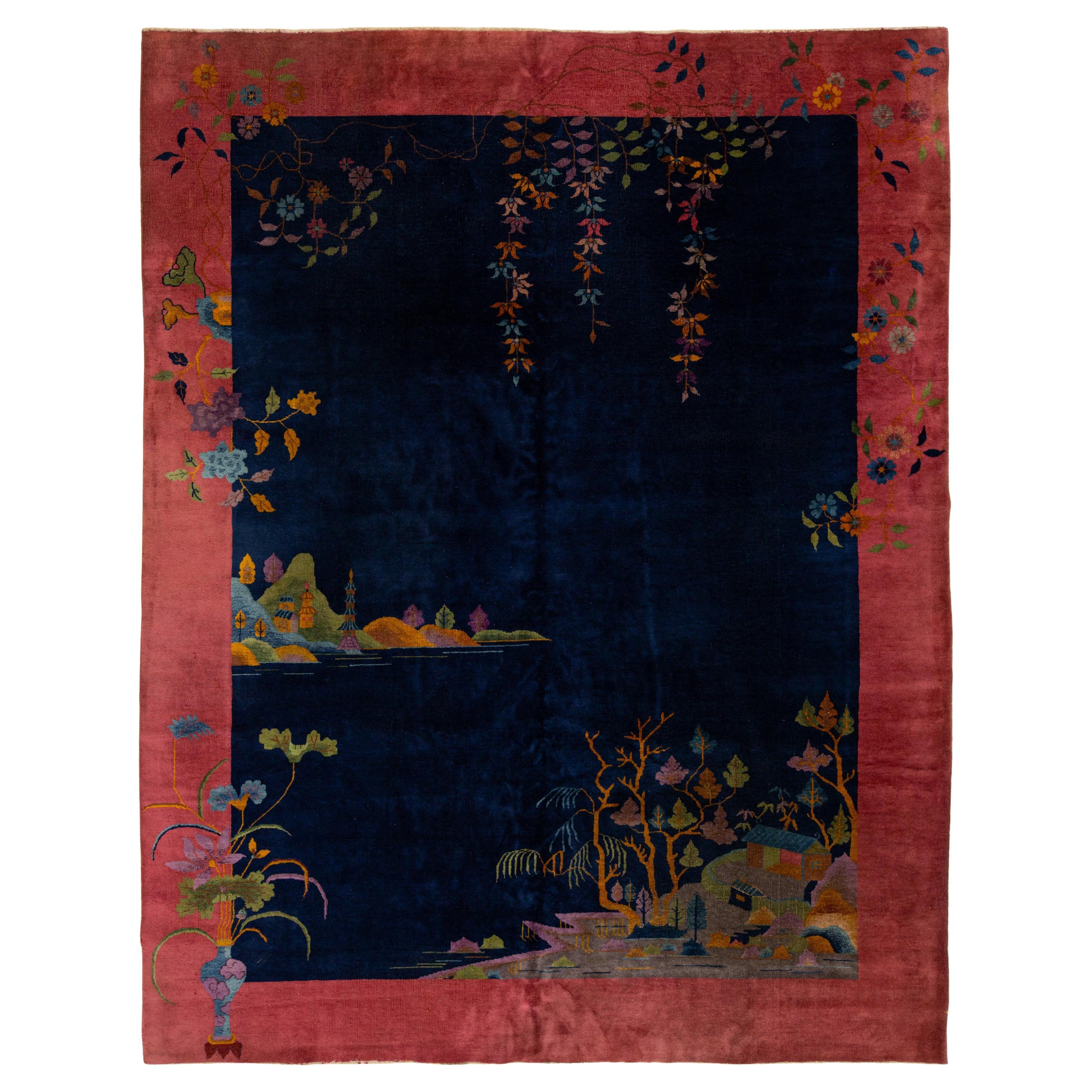 9 x 12 Bleu marine Antique Art Deco Chinese Wool Rug With Traditiona Design en vente