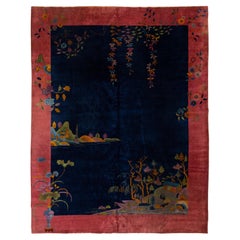 9 x 12 blu navy Tappeto di lana cinese antico Art Deco con design tradizionale