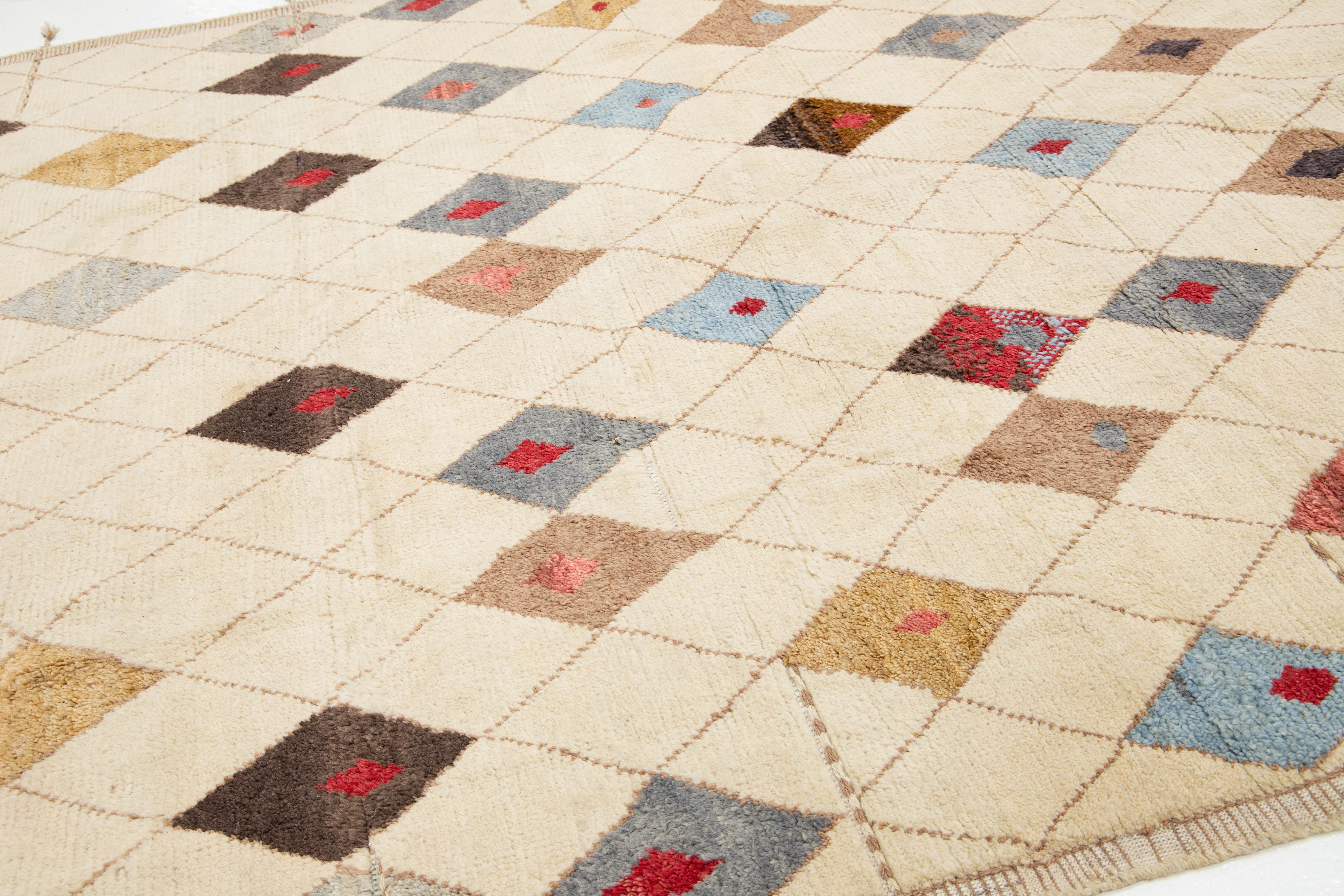 9 x 13 Moderna Alfombra De Lana Estilo Marroquí Tribal Hecha A Mano En Beige en venta 4