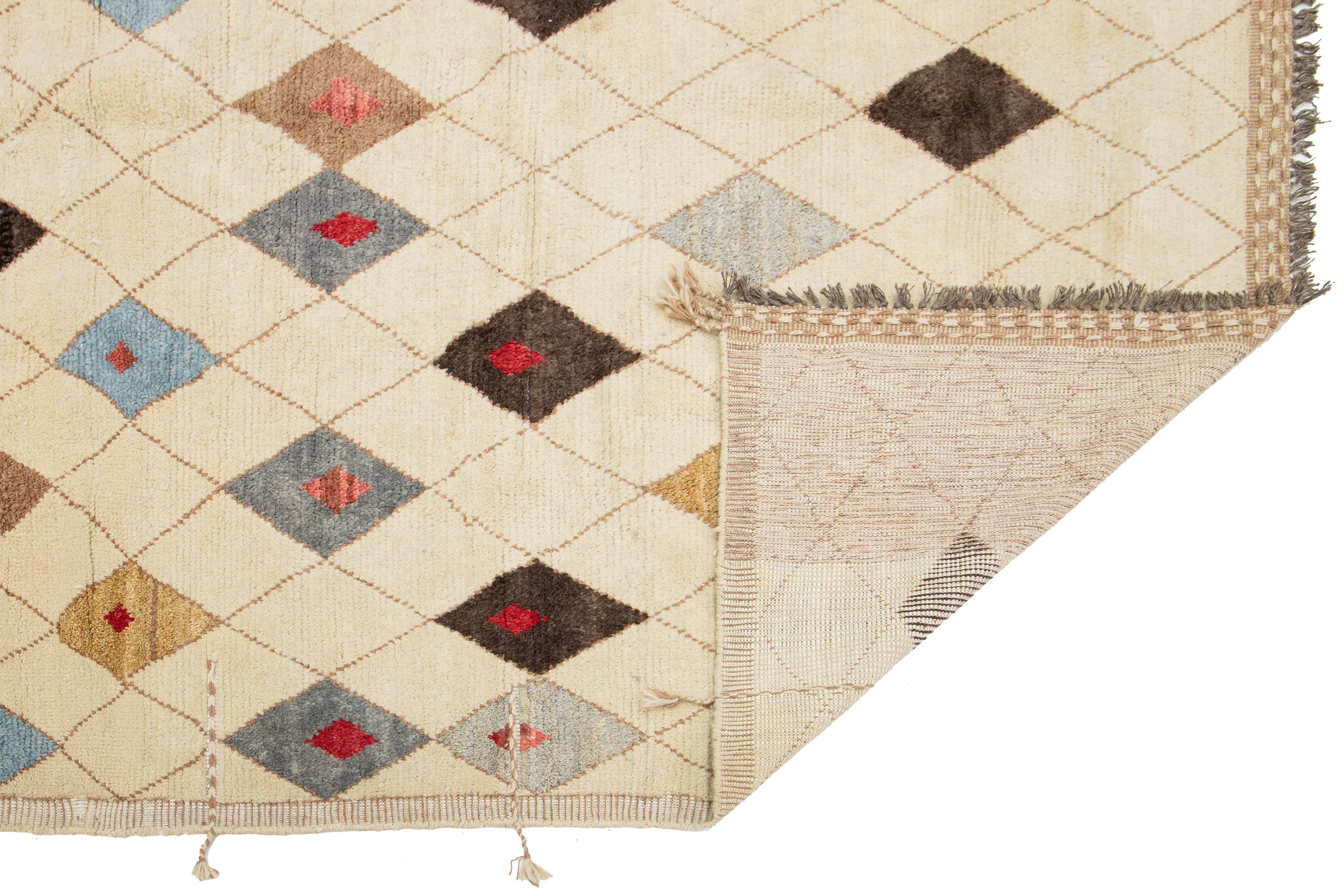 9 x 13 Moderna Alfombra De Lana Estilo Marroquí Tribal Hecha A Mano En Beige Moderno en venta