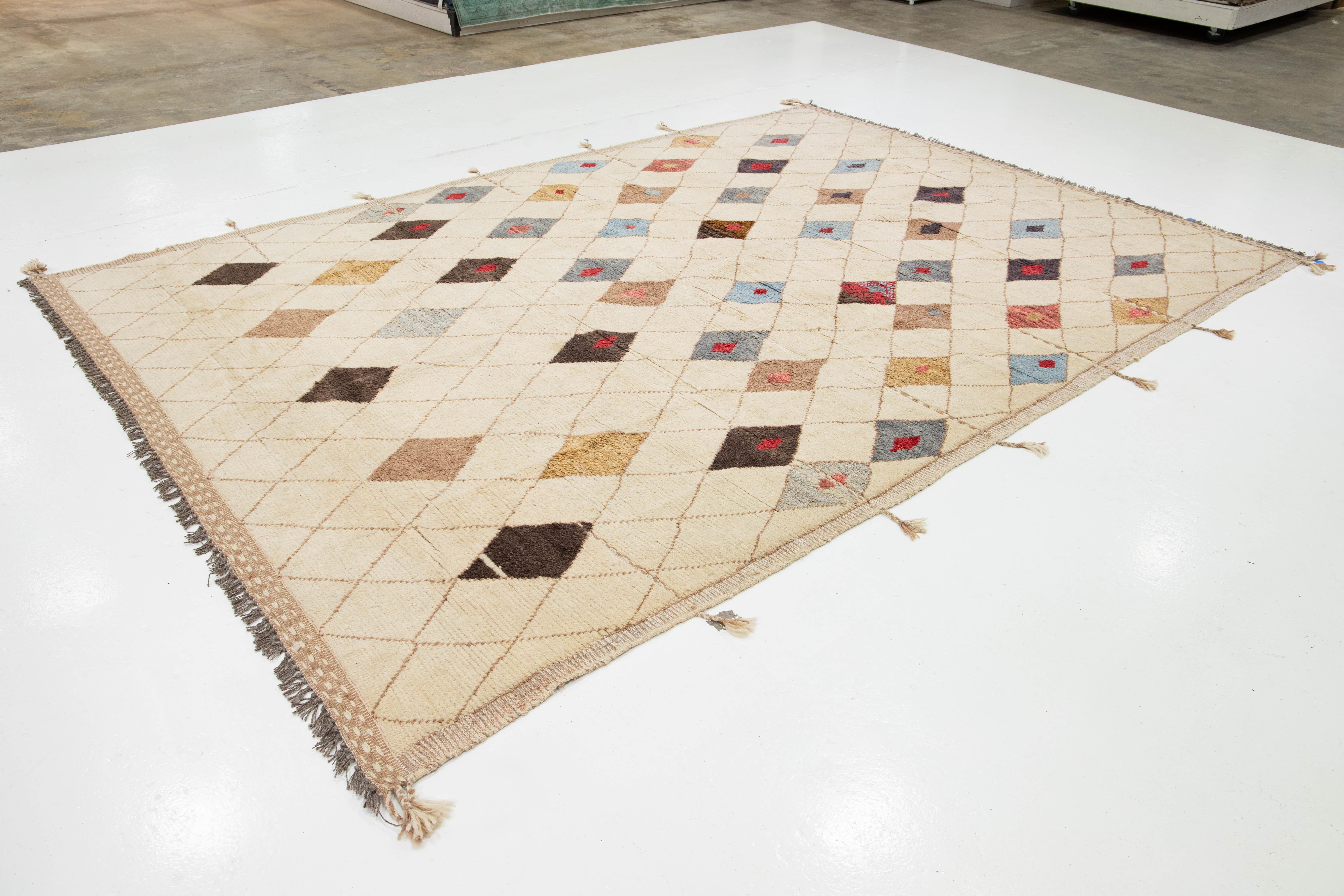 9 x 13 Moderna Alfombra De Lana Estilo Marroquí Tribal Hecha A Mano En Beige Pakistaní en venta