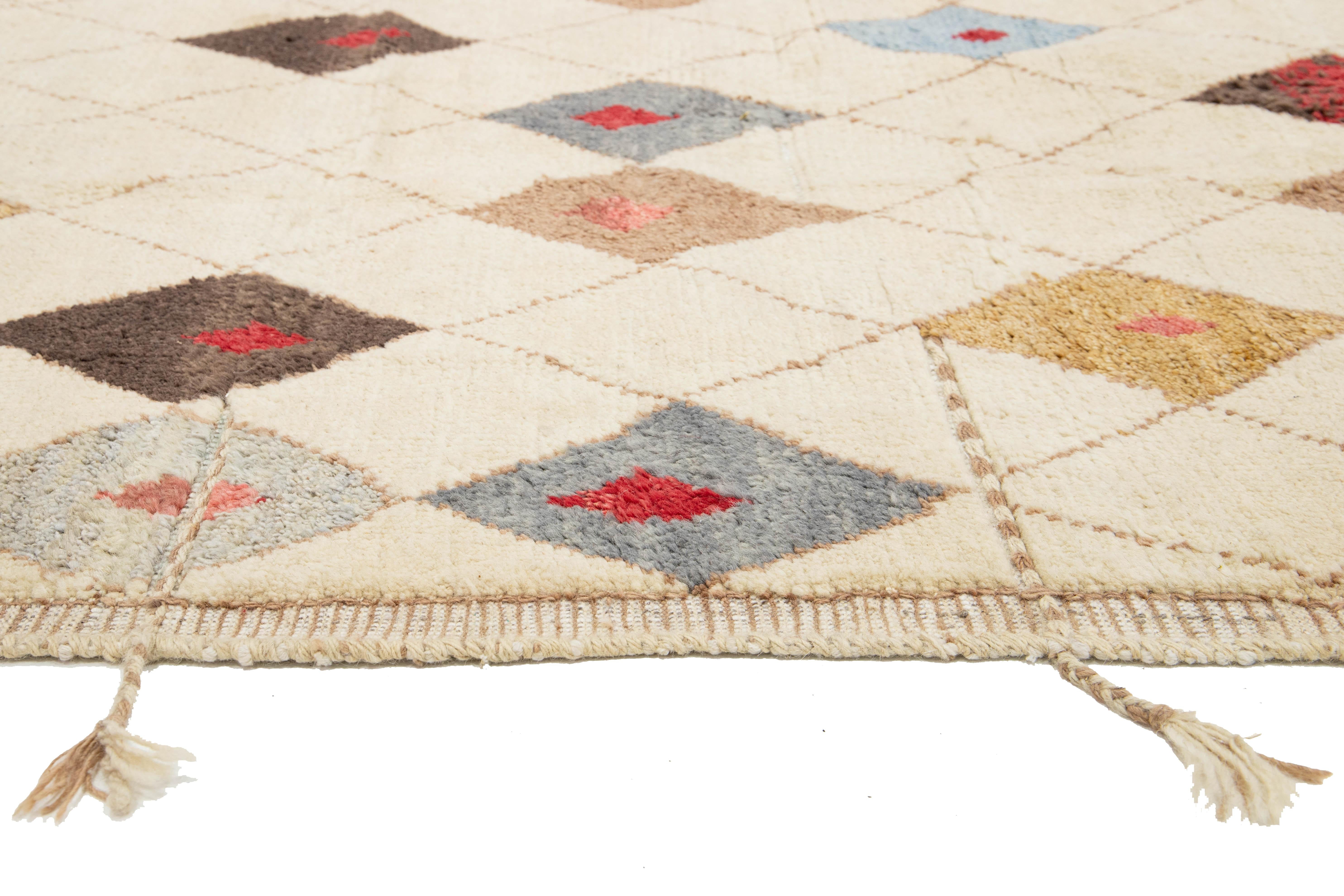 9 x 13 Moderna Alfombra De Lana Estilo Marroquí Tribal Hecha A Mano En Beige en venta 1