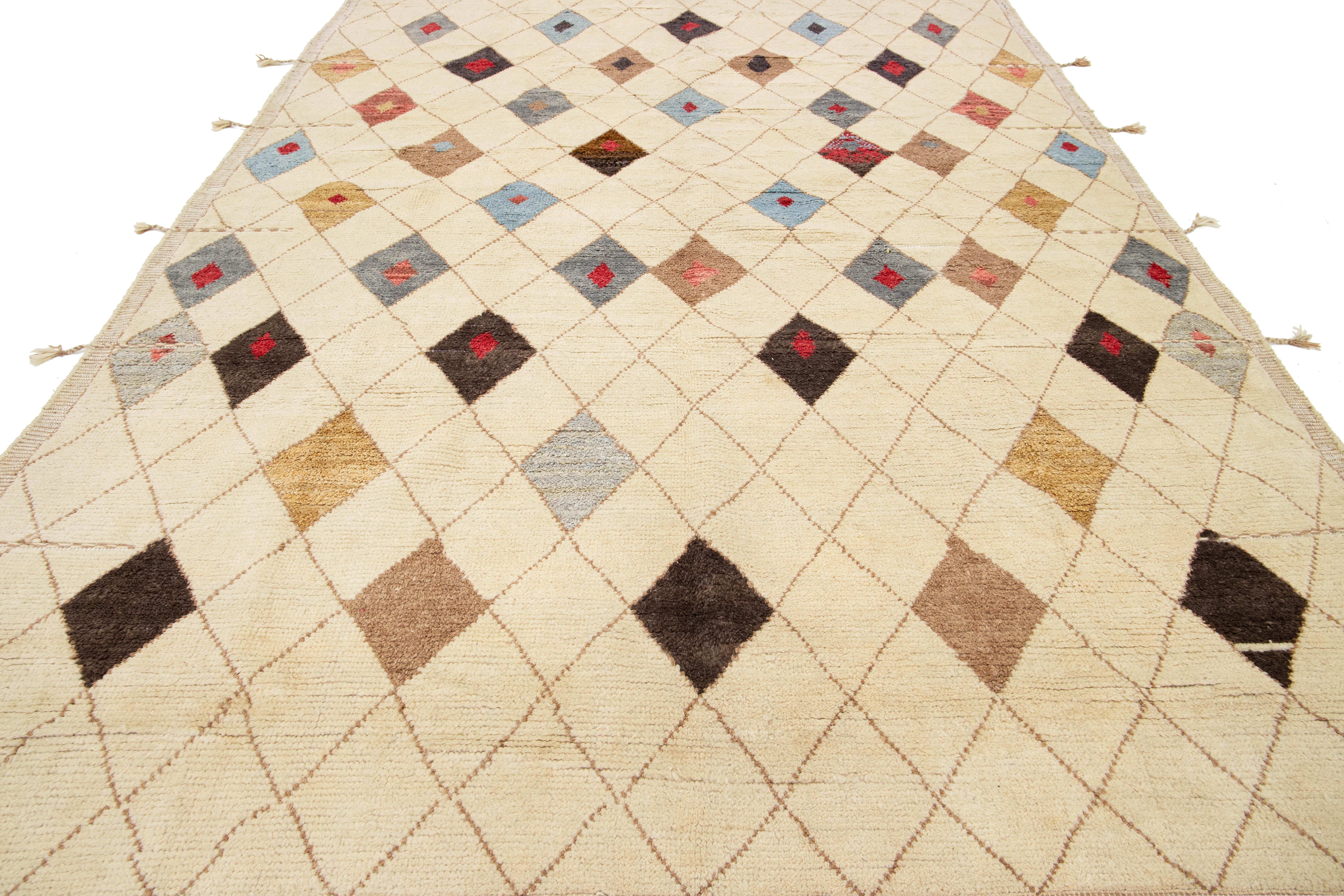 9 x 13 Moderna Alfombra De Lana Estilo Marroquí Tribal Hecha A Mano En Beige en venta 2