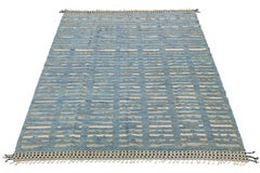 9 x 13 Moderner Wollteppich im marokkanischen Stil in Blau mit geometrischem Design