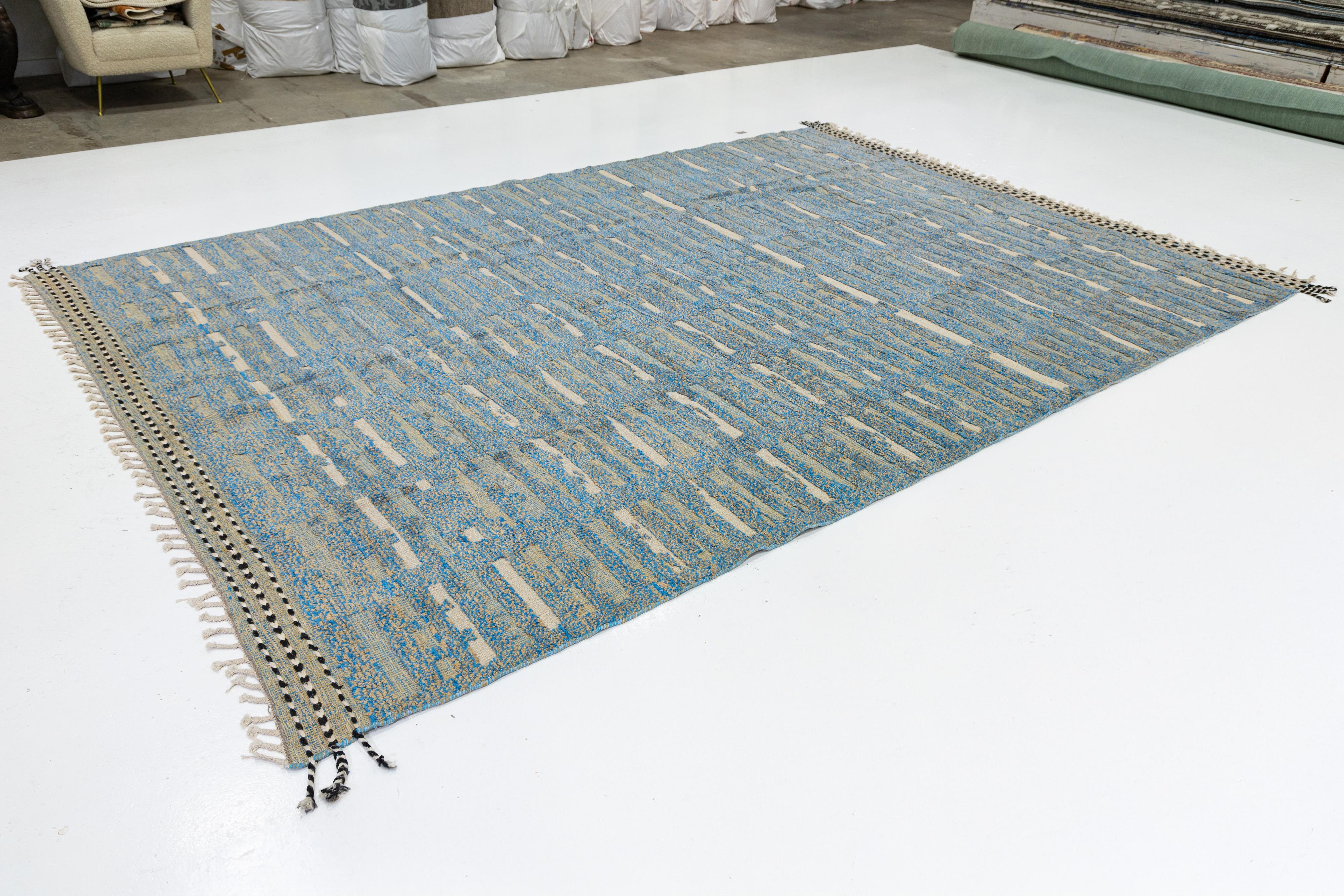 9 x 13 Alfombra Moderna De Lana Estilo Marroquí En Azul Con Diseño Geométrico Moderno en venta