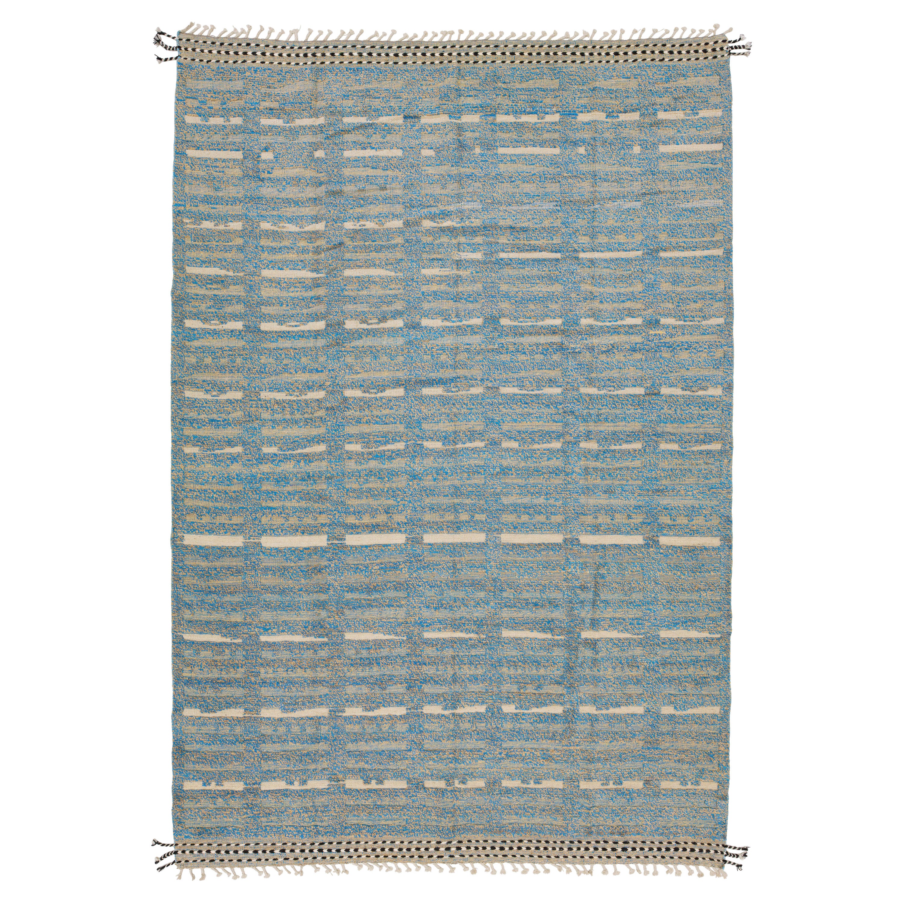 Tappeto di lana in stile marocchino moderno 9 x 13 in blu con disegno geometrico