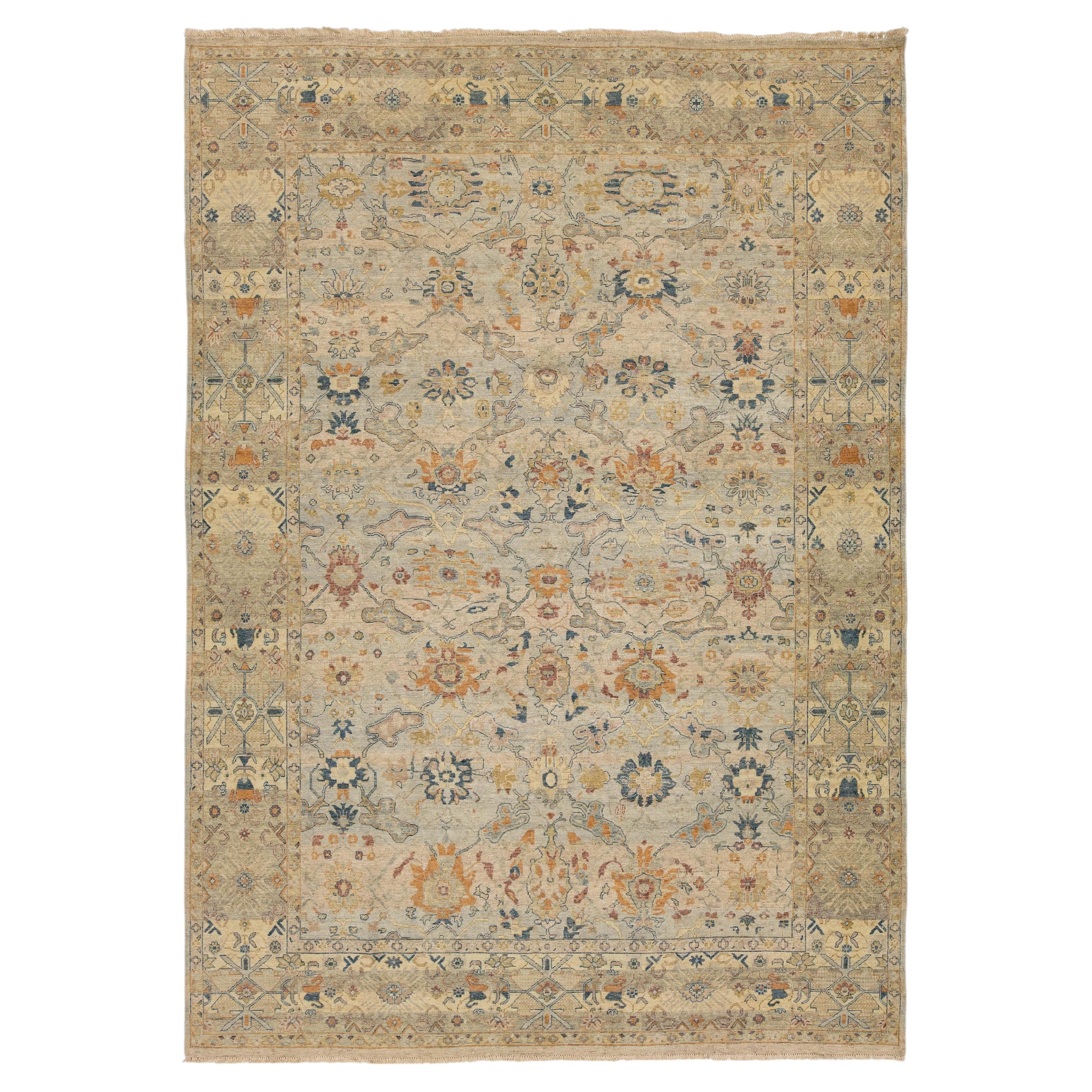 9 x 13 Modern Tabriz Style Wool Area Rug – Muted Earth Tones & Floral Medallions