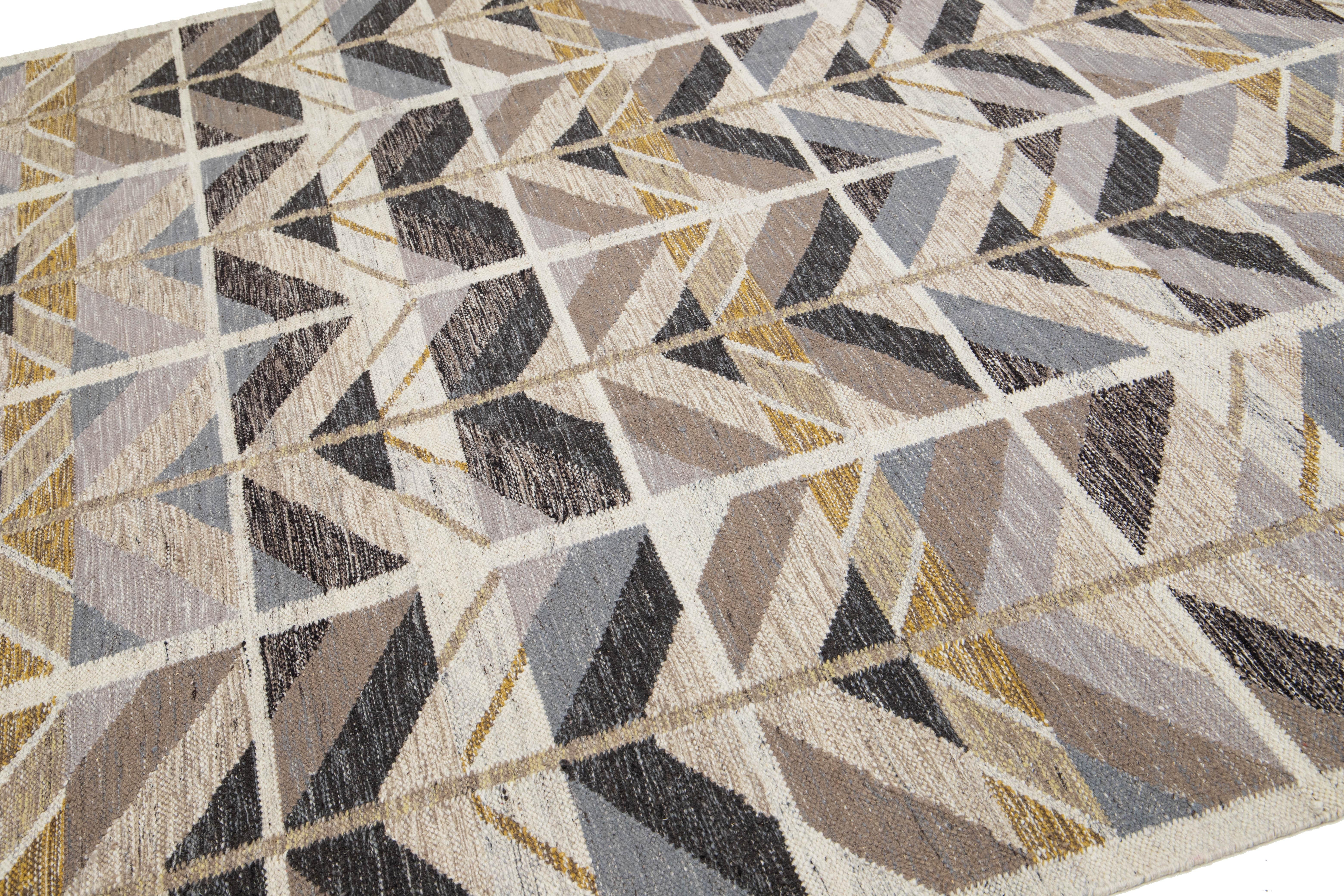 Lana Tappeto in lana a trama piatta in stile svedese moderno con motivo geometrico color terra 9 X !2 in vendita