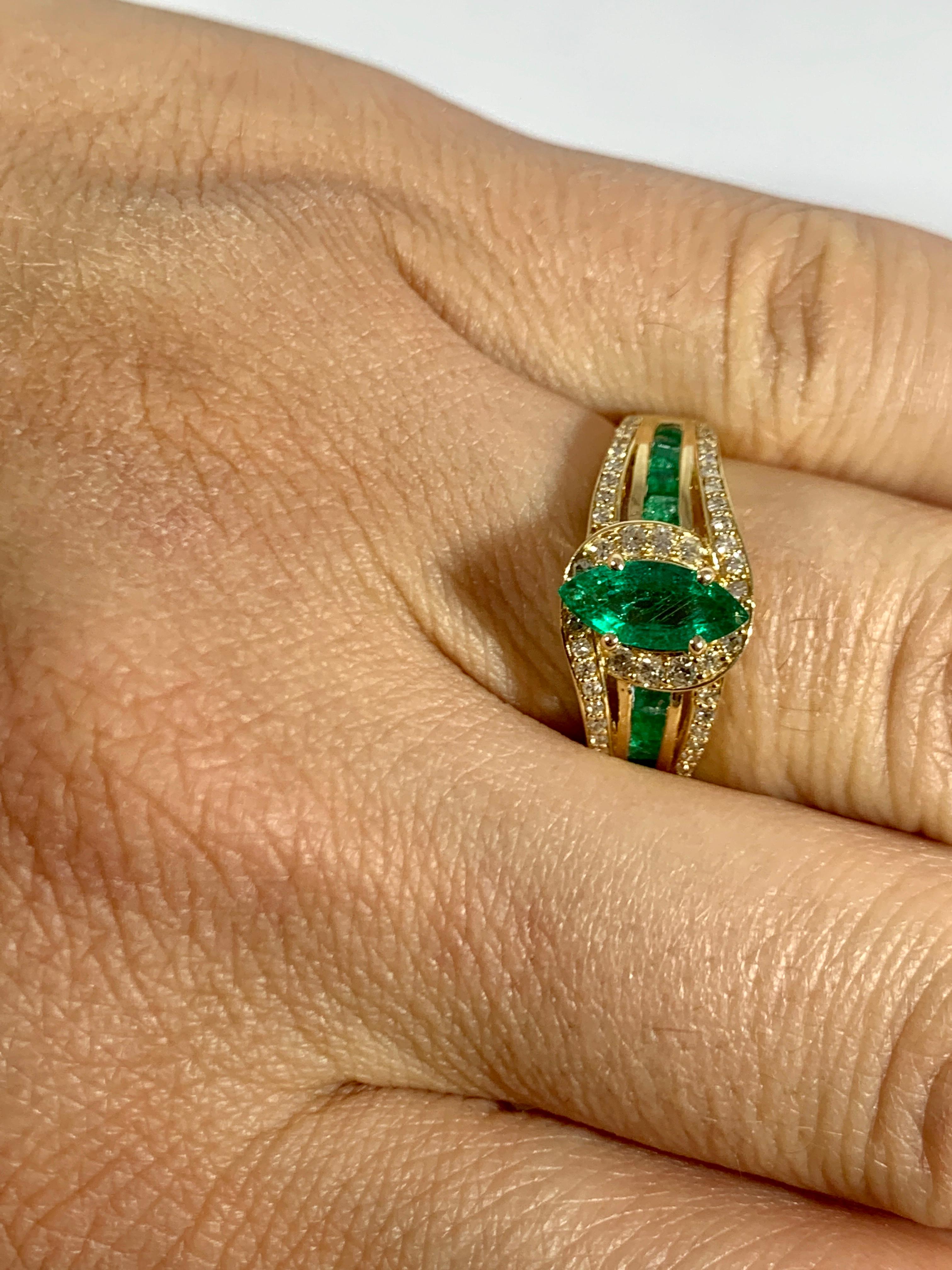 Marquise Cut Emerald and Diamond Ring 14 Karat Yellow Gold 3
