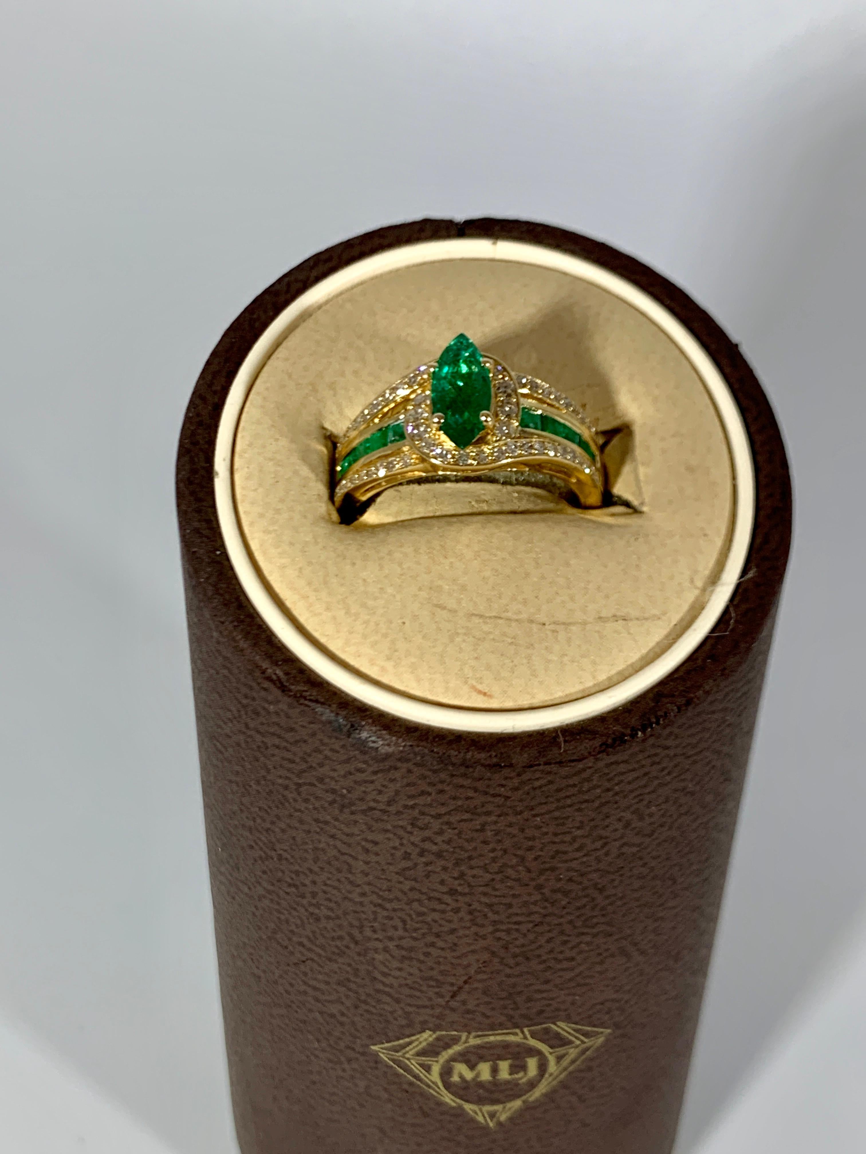 Marquise Cut Emerald and Diamond Ring 14 Karat Yellow Gold 4