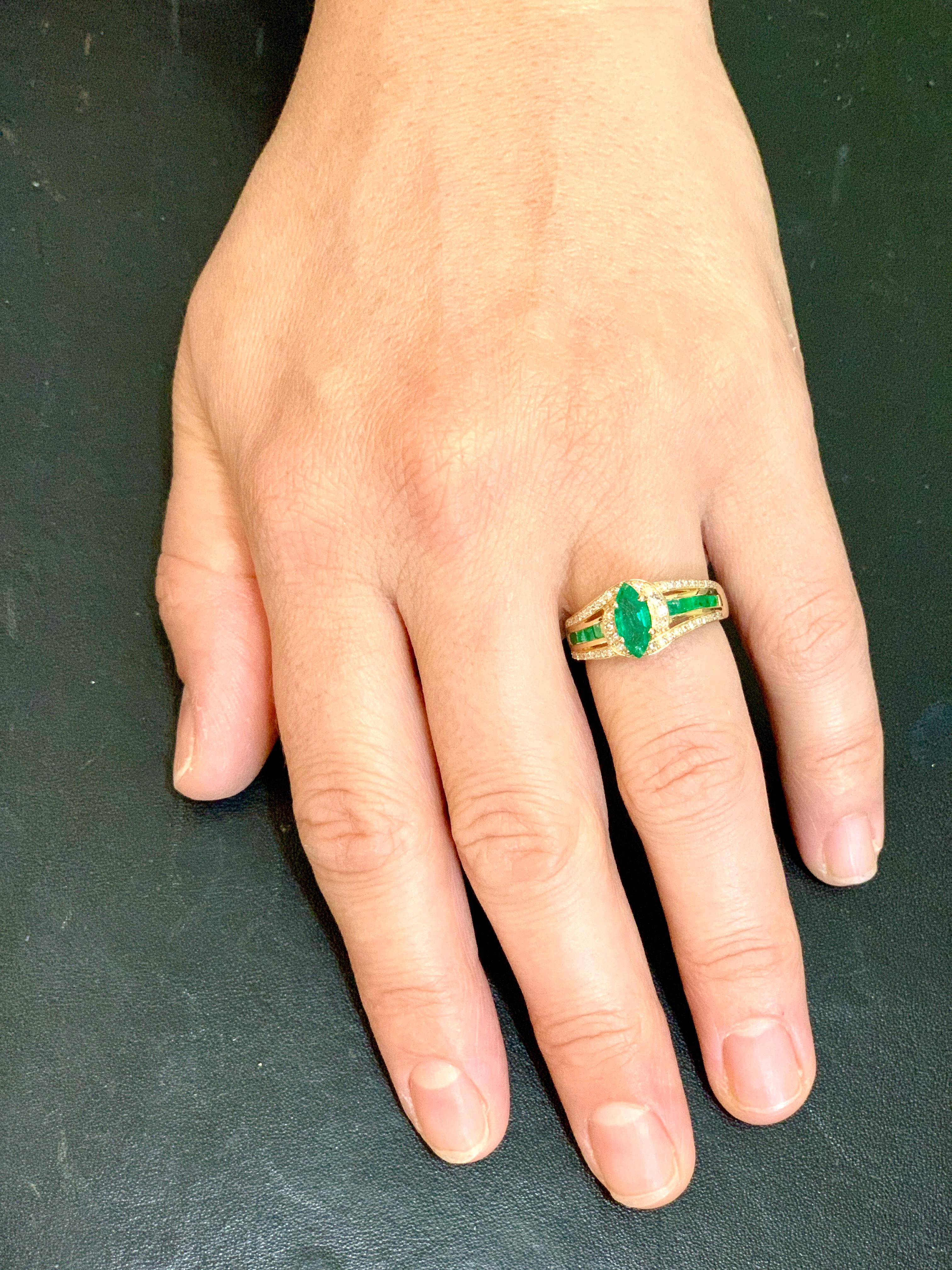 Marquise Cut Emerald and Diamond Ring 14 Karat Yellow Gold 6