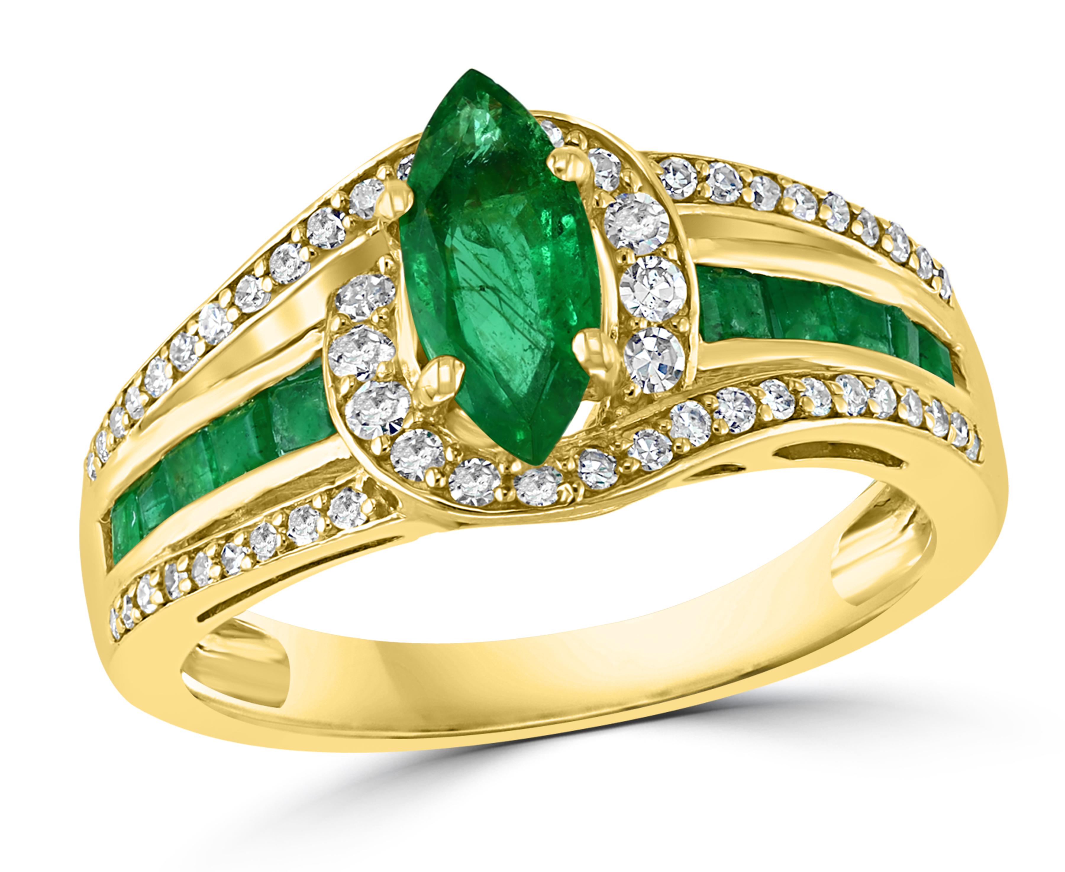 Marquise Cut Emerald and Diamond Ring 14 Karat Yellow Gold 2