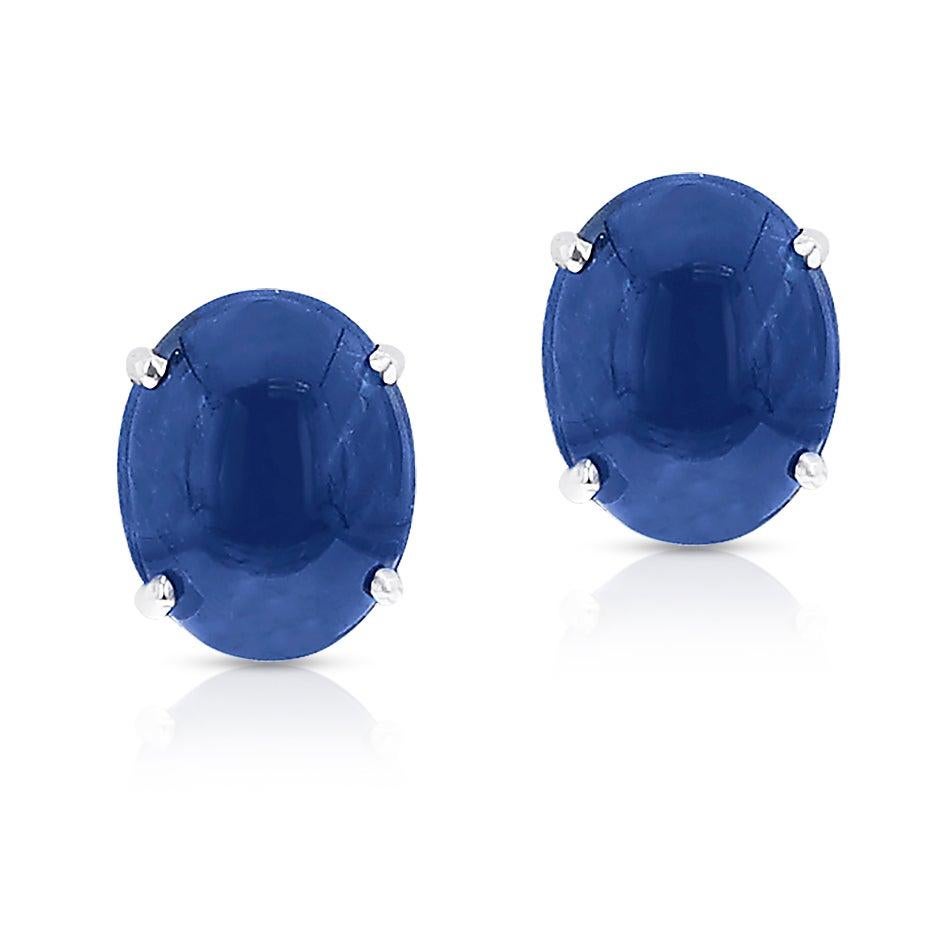 Blue Sapphire Oval Cabochon Stud Earrings Made in 14 Karat White Gold In New Condition In New York, NY