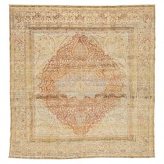 9 x 9 Handmade Blue Antique Persian Kerman Wool Rug With Medallion Motif