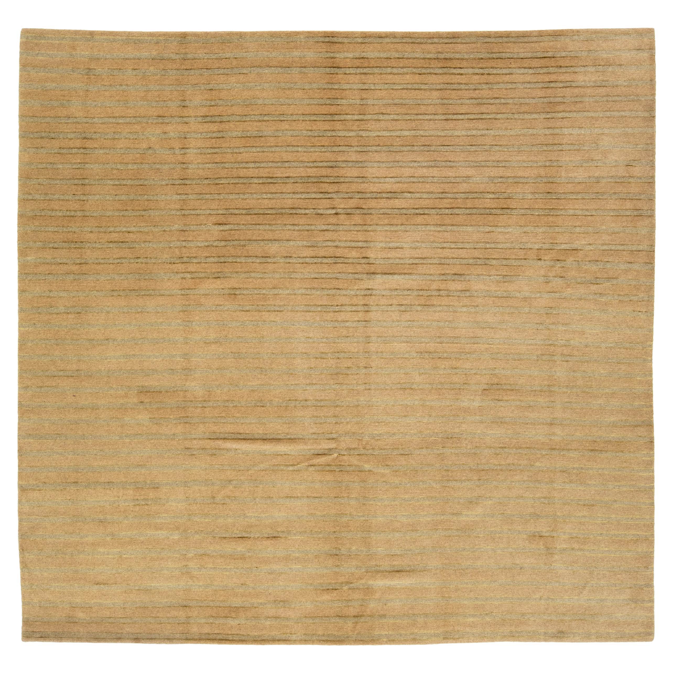 9 x 9 Modern Tibetan Wool & Silk Rug In Tan Color With Striped Pattern